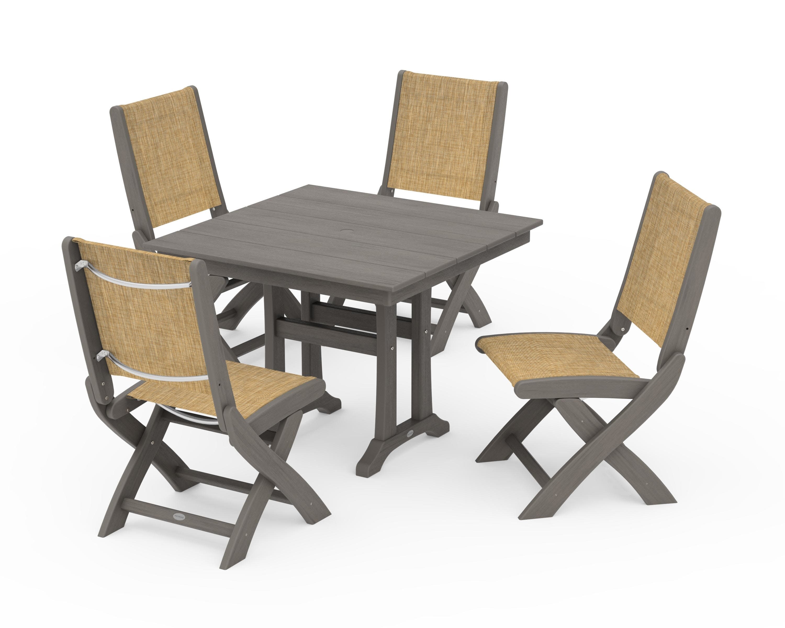Coastal Folding Side Chair 5-Piece Farmhouse Dining Set With Trestle Legs in Driftwood / Burlap Sling