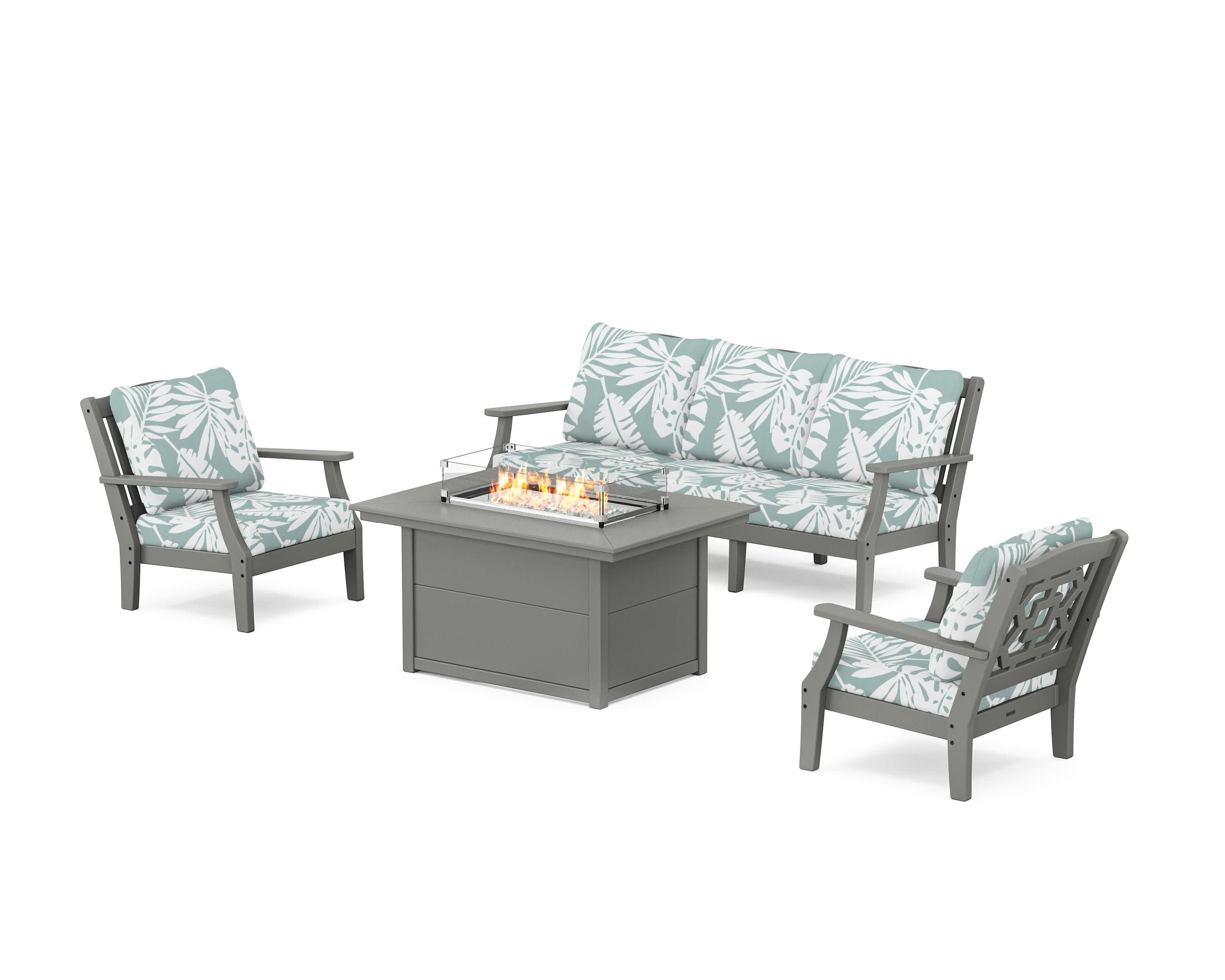 Chinoiserie Deep Seating Fire Pit Table Set in Slate Grey / Leaf Glacier Spa