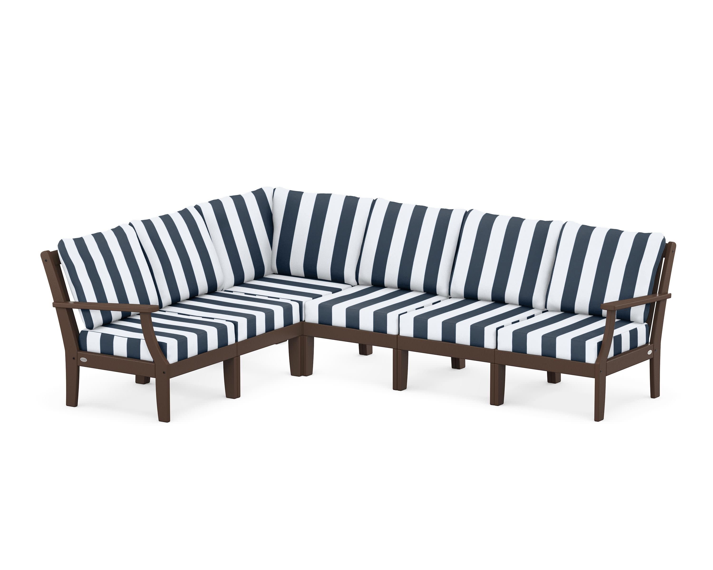Braxton Modular 6-Piece Deep Seating Set in Mahogany / Cabana Stripe Marine Indigo