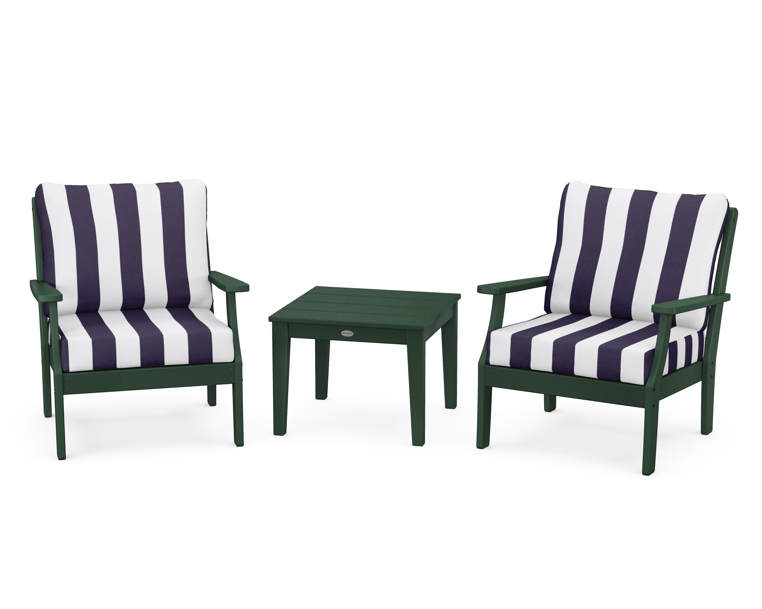 Braxton 3-Piece Deep Seating Set in Green / Cabana Stripe Navy
