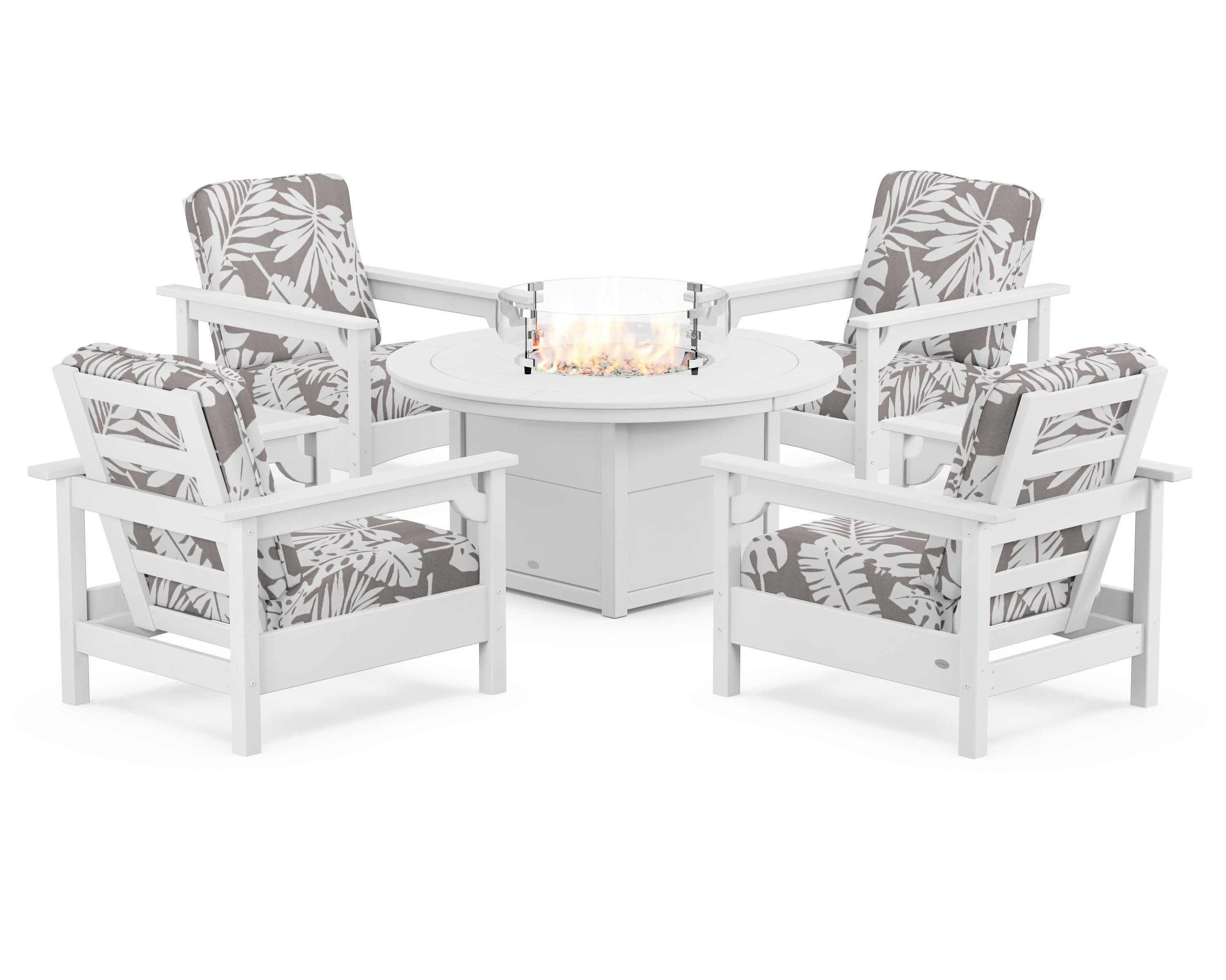 Club 5-Piece Conversation Set with Fire Pit Table in White / Leaf Grey Mist