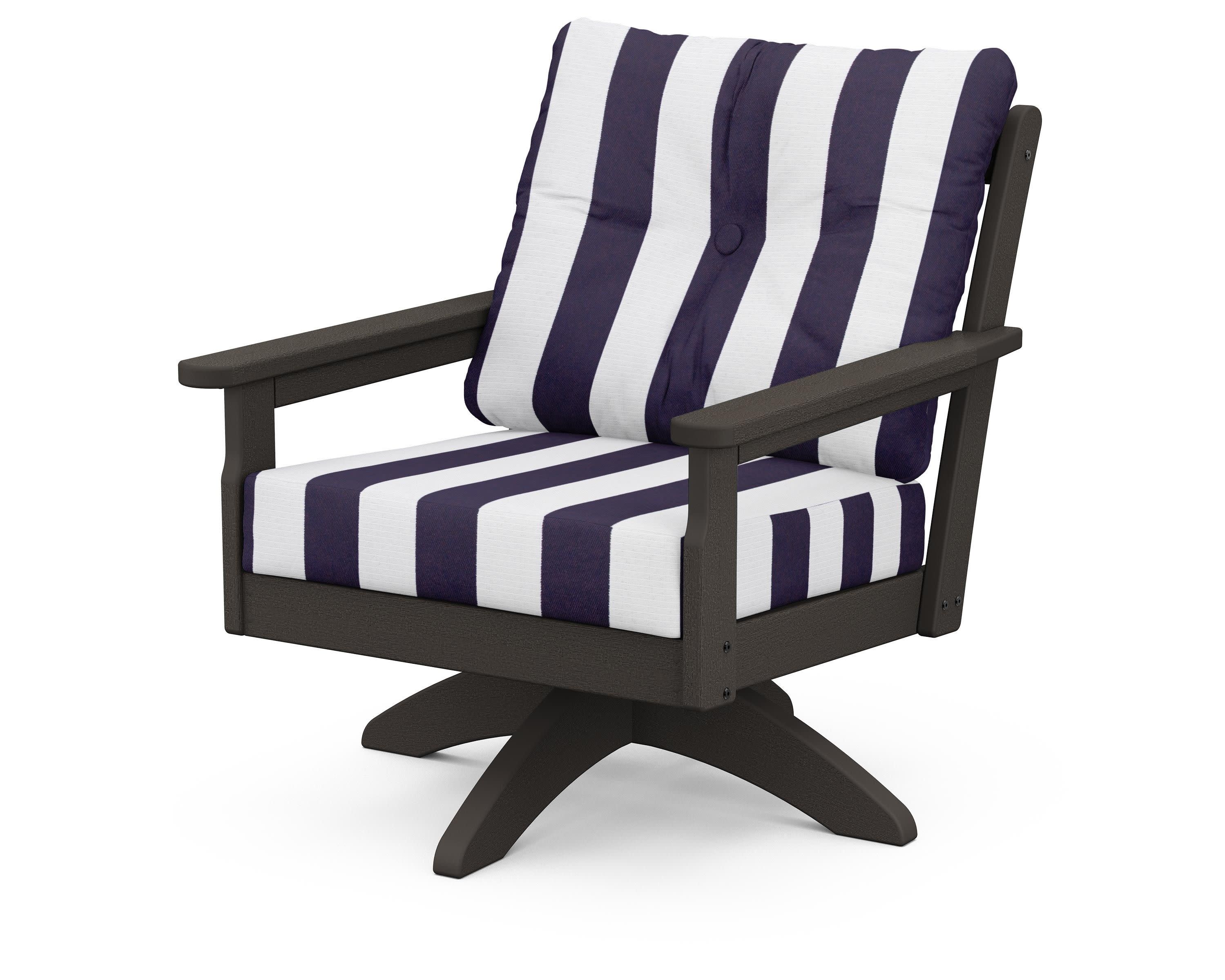 Vineyard Deep Seating Swivel Chair in Vintage Coffee / Cabana Stripe Navy