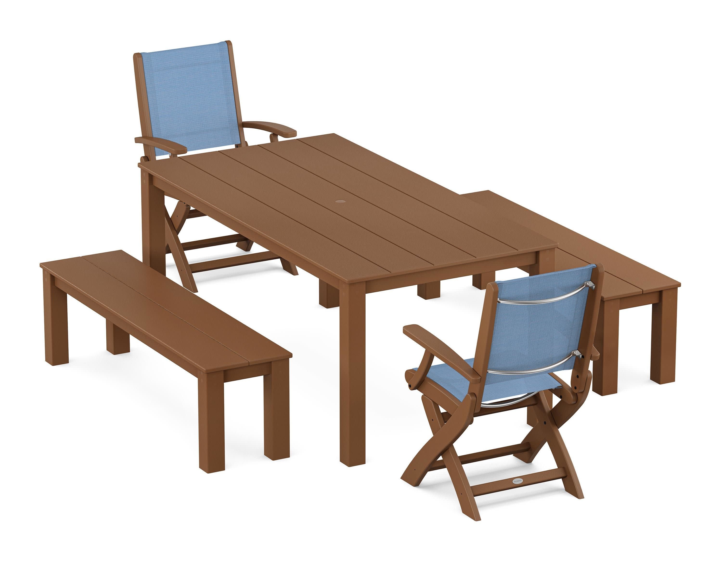 Coastal Folding Chair 5-Piece Parsons Dining Set with Benches in Teak / Poolside Sling