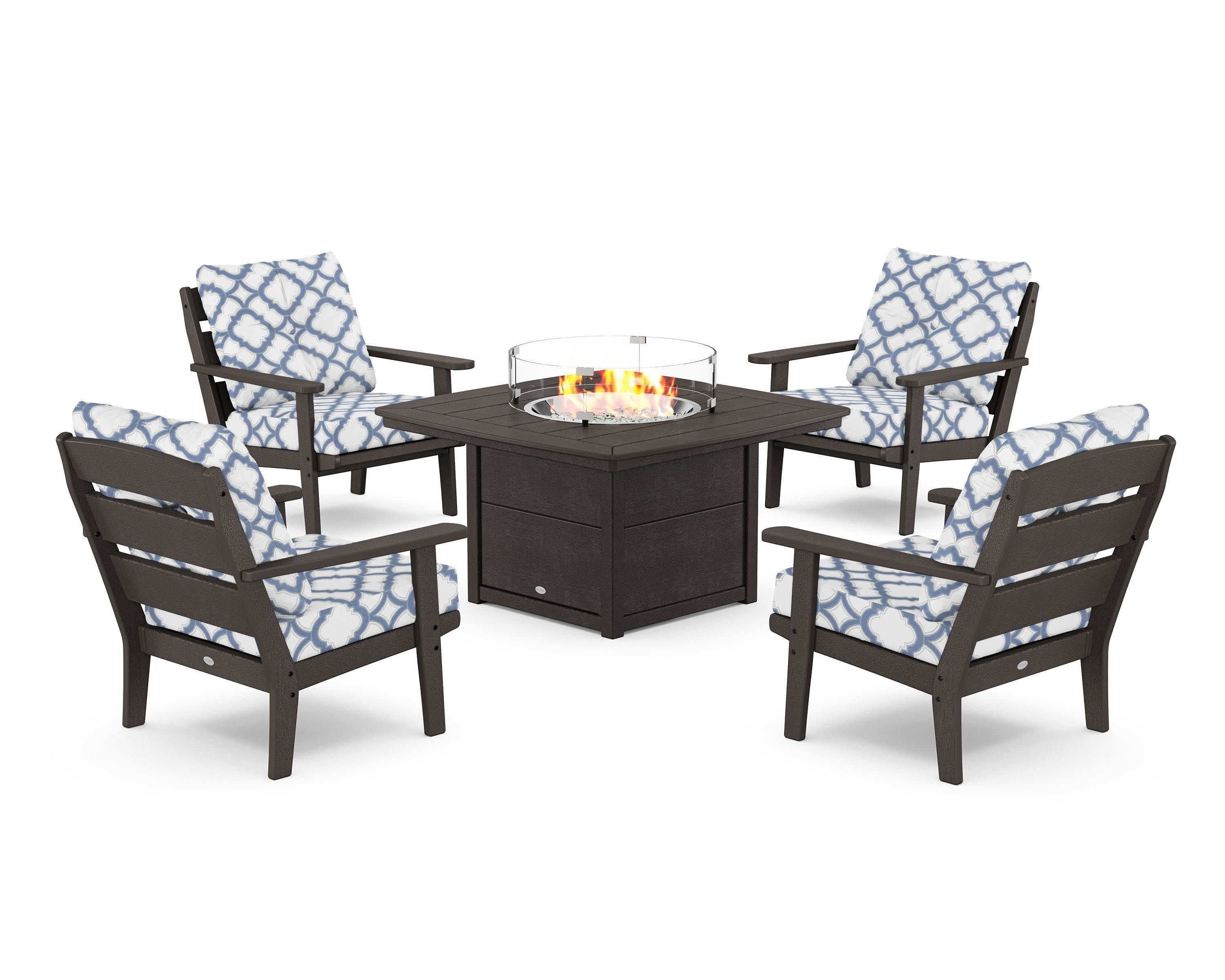 Lakeside 5-Piece Deep Seating Set with Nautical Fire Pit Table in Vintage Coffee / Trellis Sky Blue