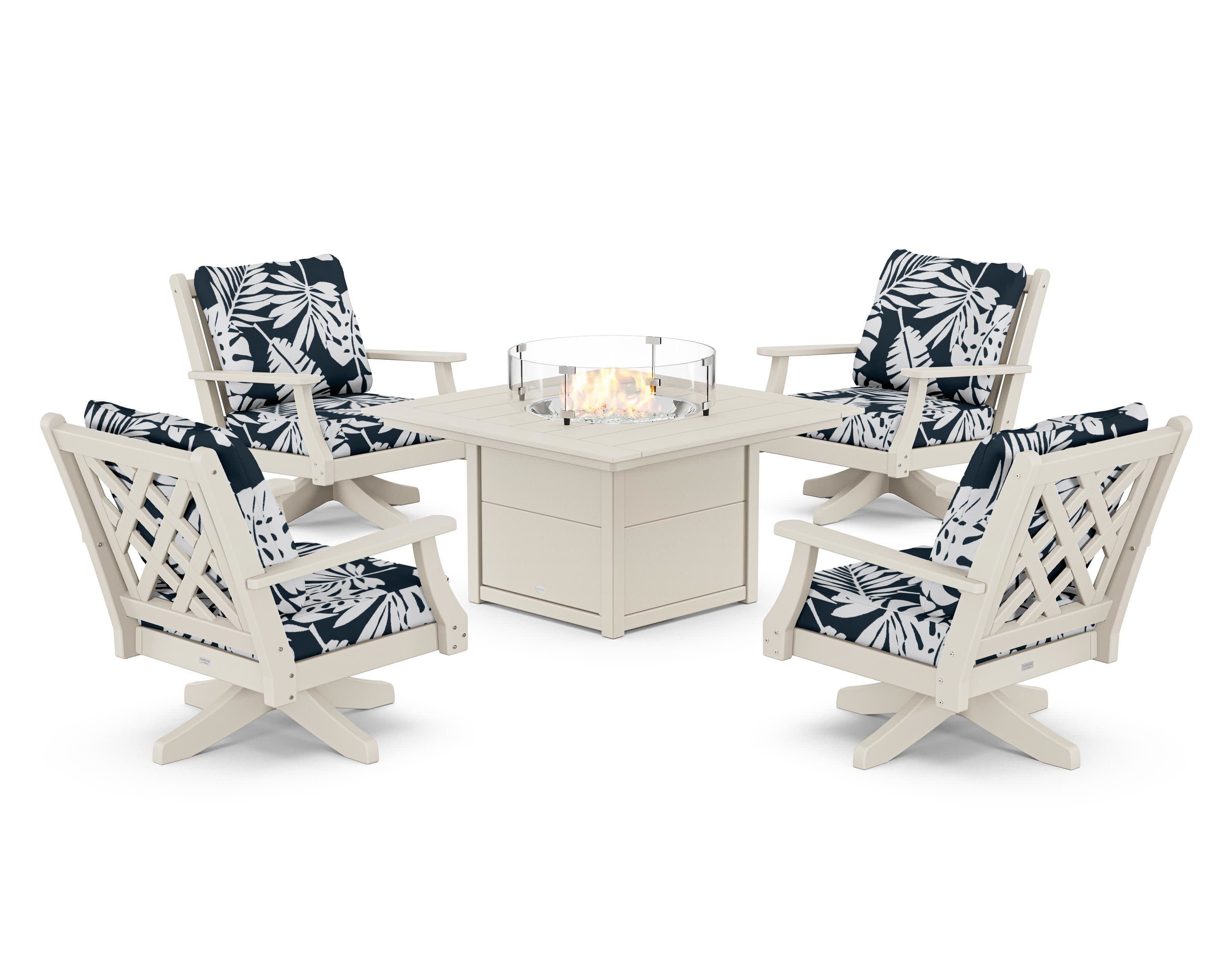 Wovendale 5-Piece Deep Seating Swivel Conversation Set with Fire Pit Table in Sand / Leaf Marine Indigo