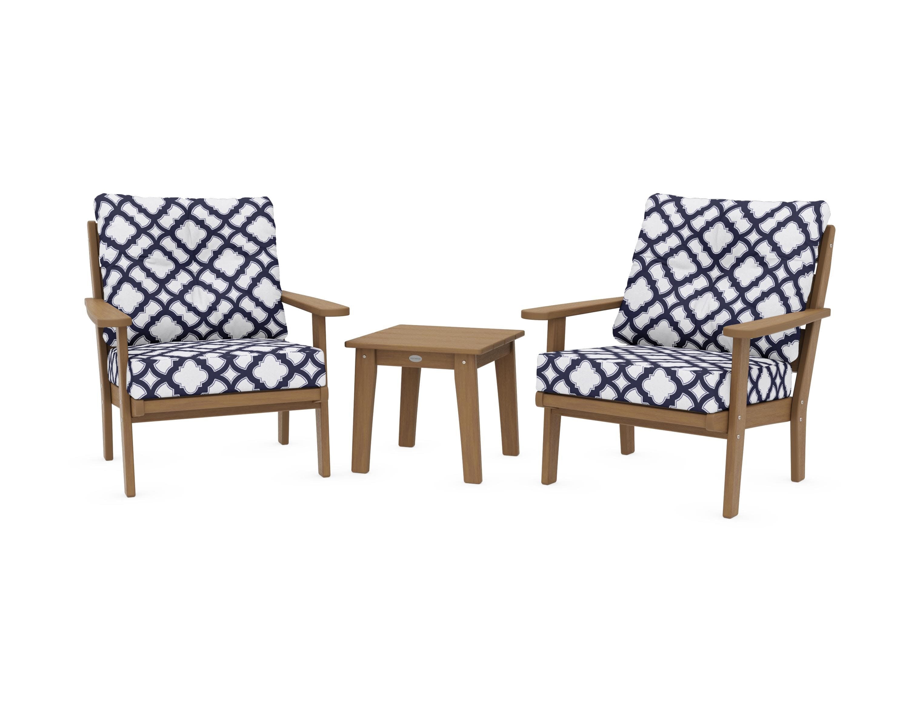 Lakeside 3-Piece Deep Seating Chair Set in Natural / Trellis Navy