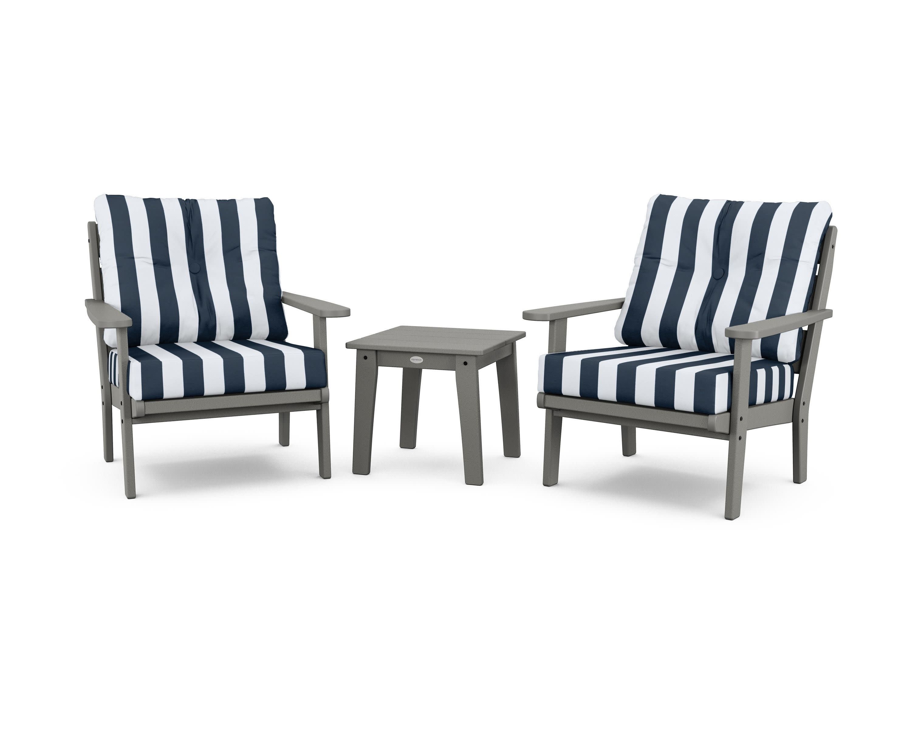Lakeside 3-Piece Deep Seating Chair Set in Slate Grey / Cabana Stripe Marine Indigo