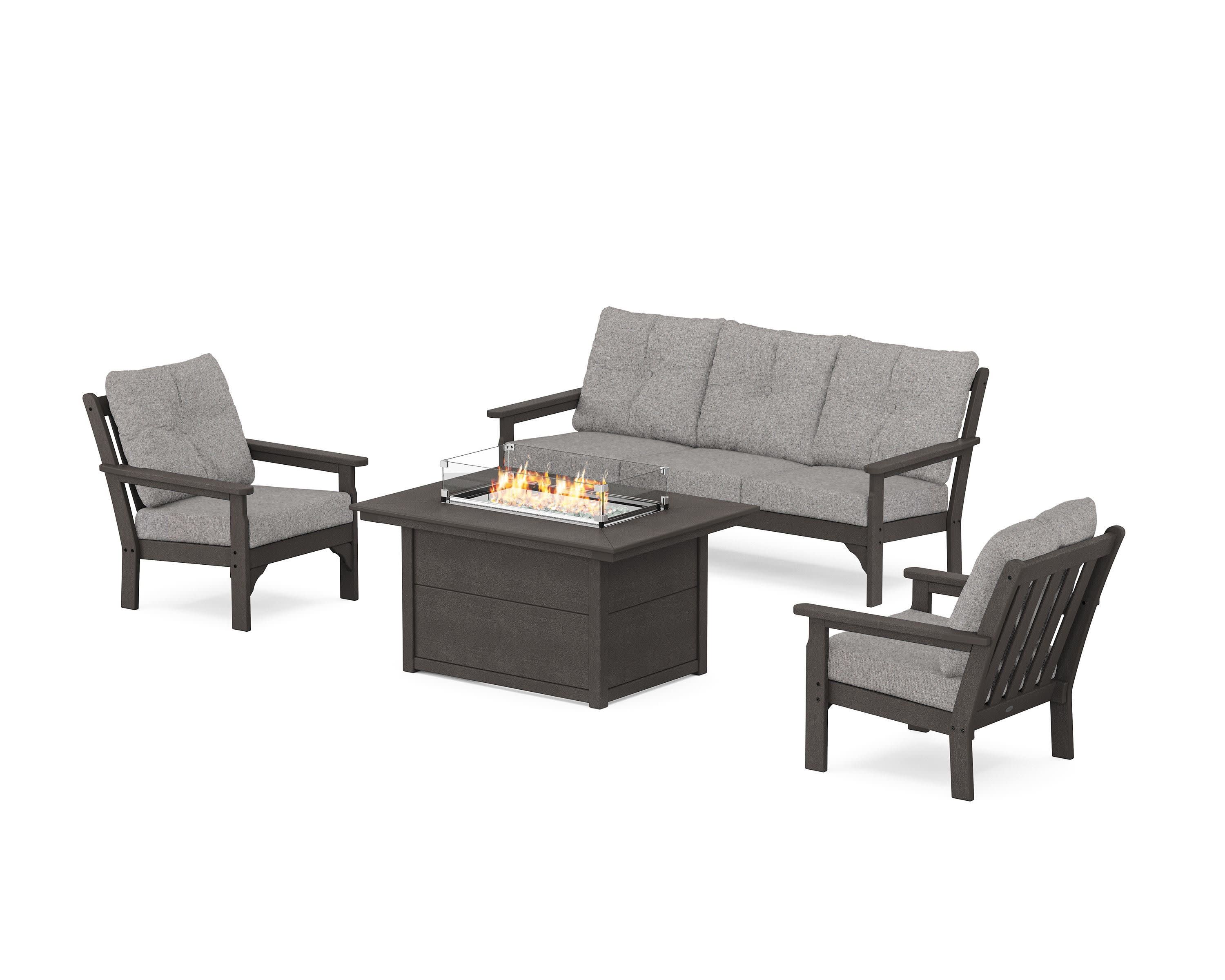 Vineyard Deep Seating Fire Pit Table Set in Vintage Coffee / Grey Mist