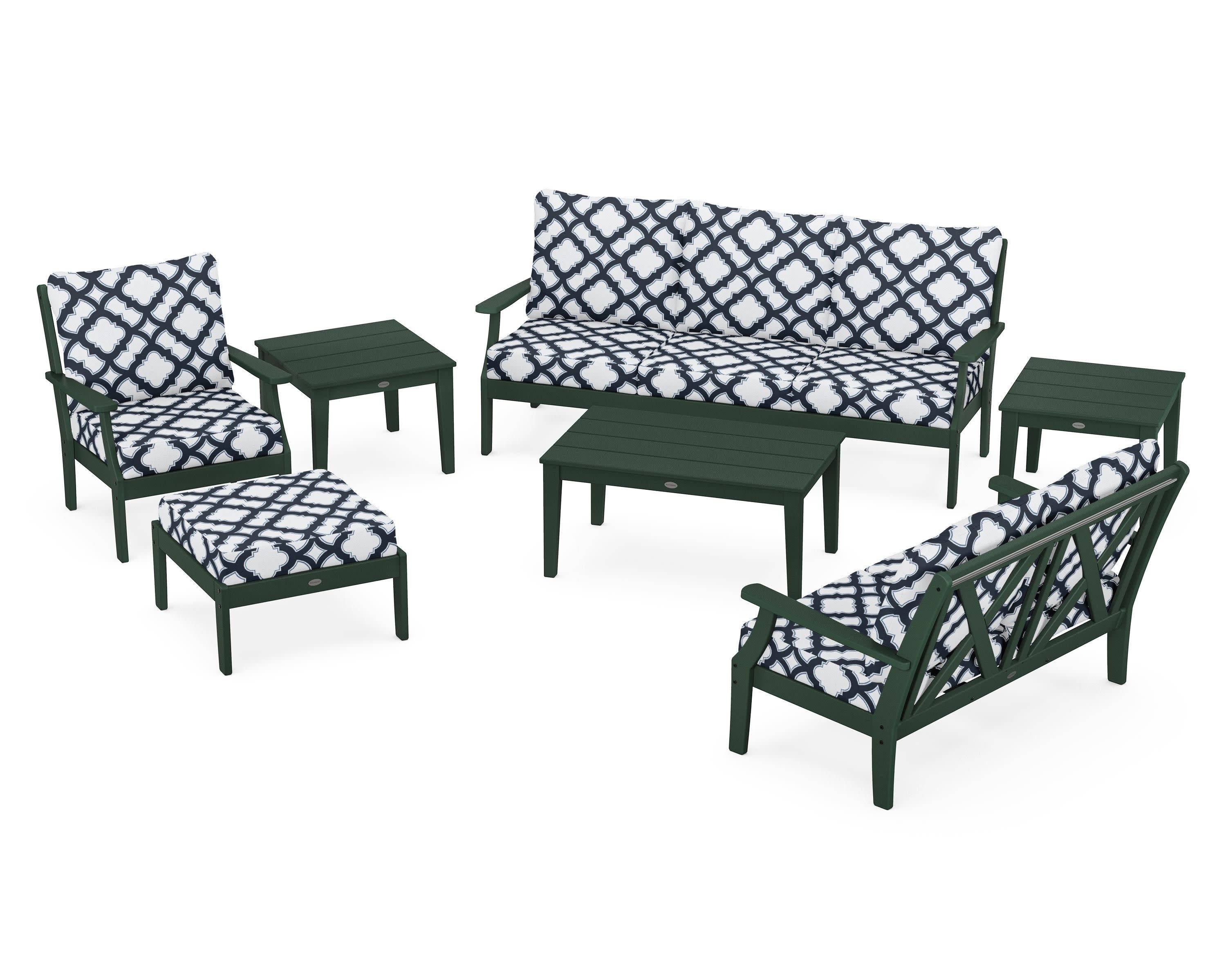 Braxton 7-Piece Deep Seating Set in Green / Trellis Marine Indigo