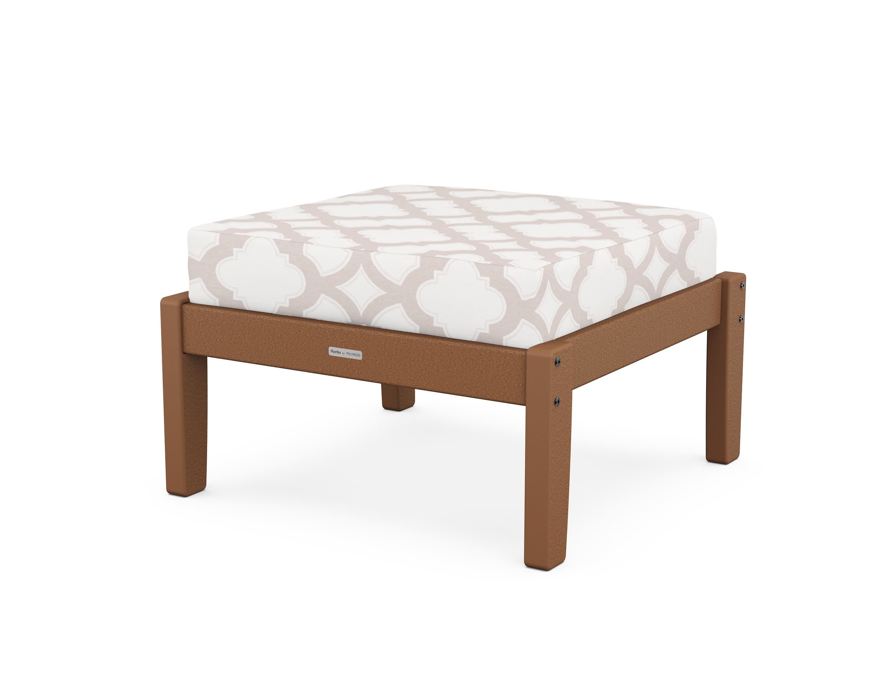 Chinoiserie Deep Seating Ottoman in Teak / Trellis Dune Burlap