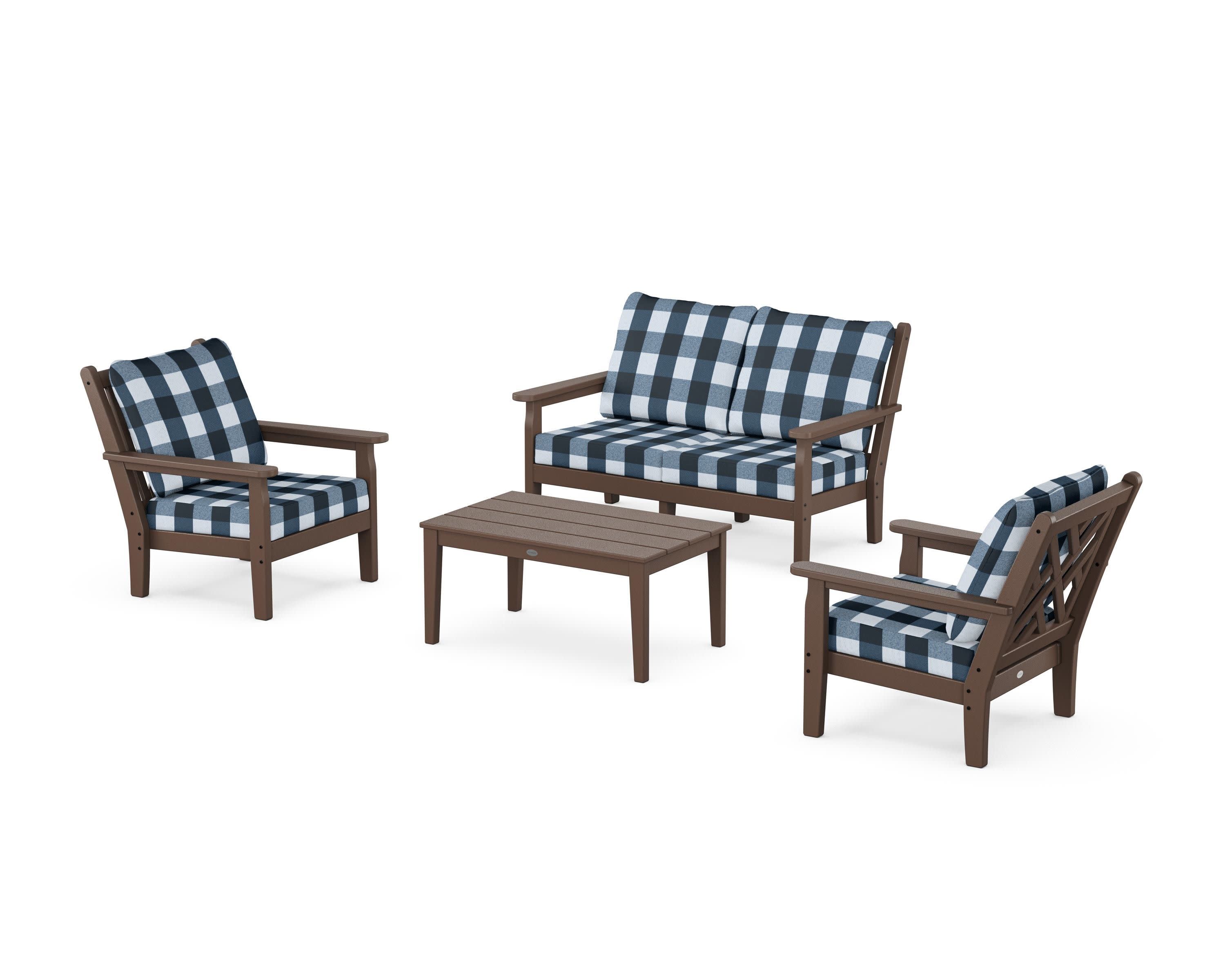 Chippendale 4-Piece Deep Seating Set with Loveseat in Mahogany / Buffalo Plaid Marine Indigo