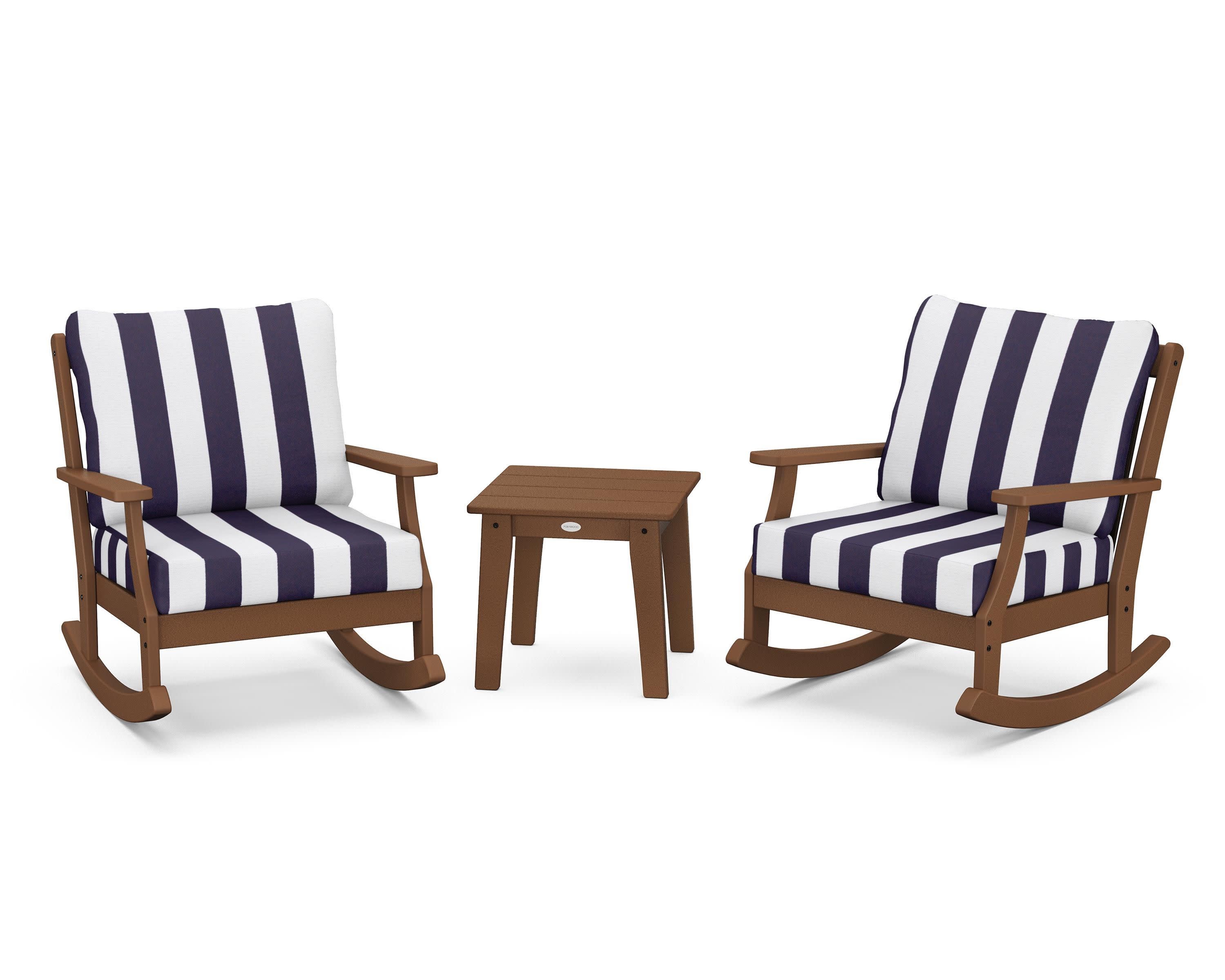 Braxton 3-Piece Deep Seating Rocker Set in Teak / Cabana Stripe Navy