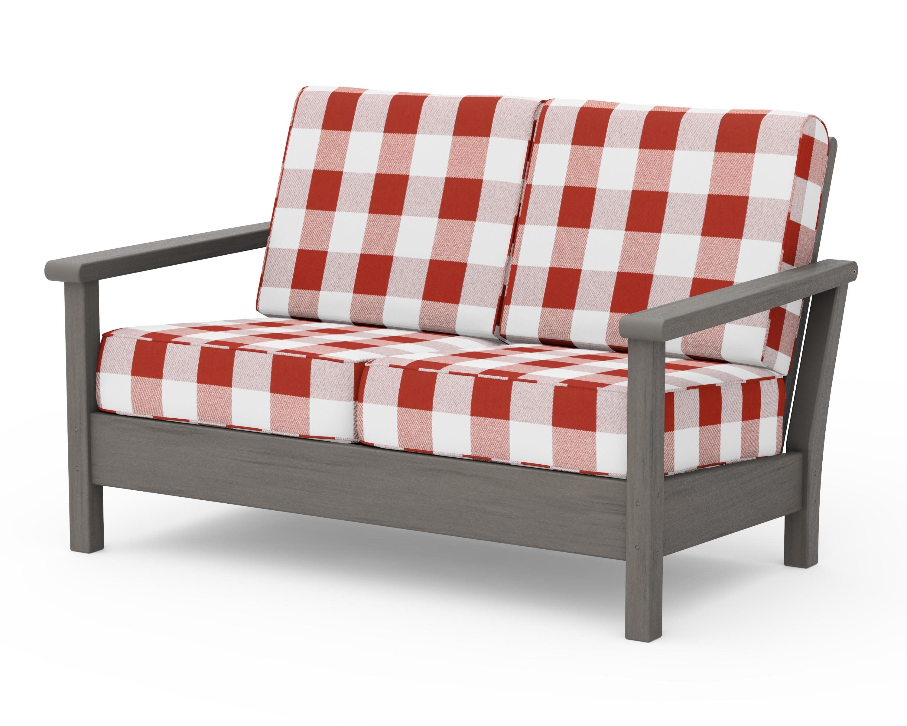 Harbour Deep Seating Loveseat in Driftwood / Buffalo Plaid Crimson