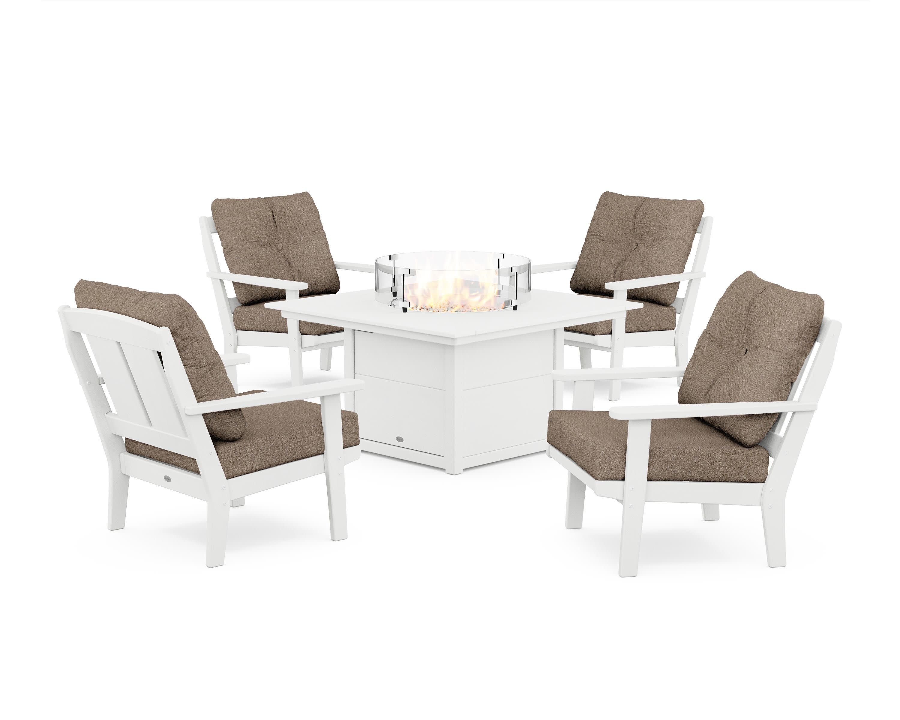 Mission 5-Piece Deep Seating Set with Fire Pit Table in White / Spiced Burlap
