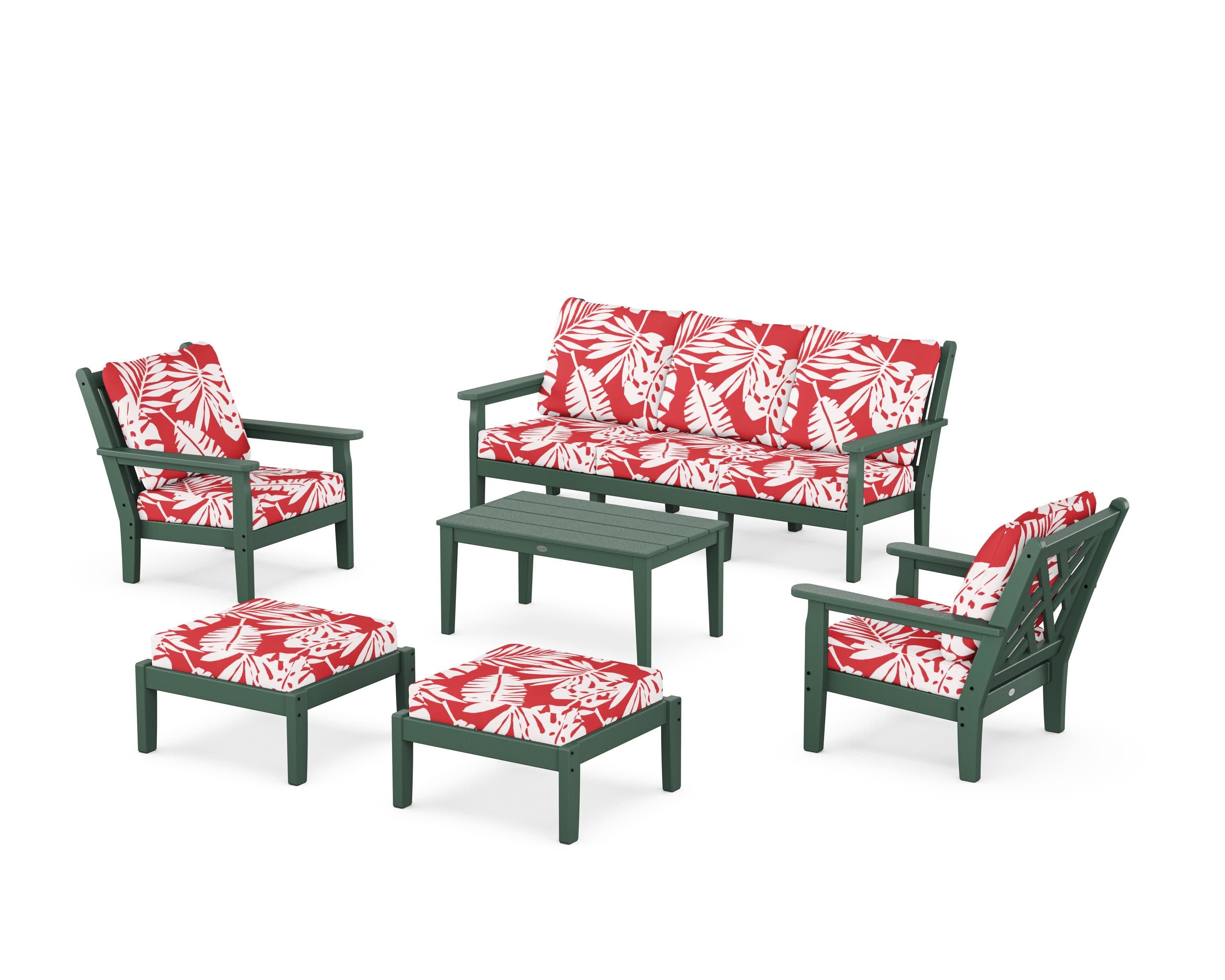 Chippendale 6-Piece Lounge Sofa Set in Green / Leaf Crimson