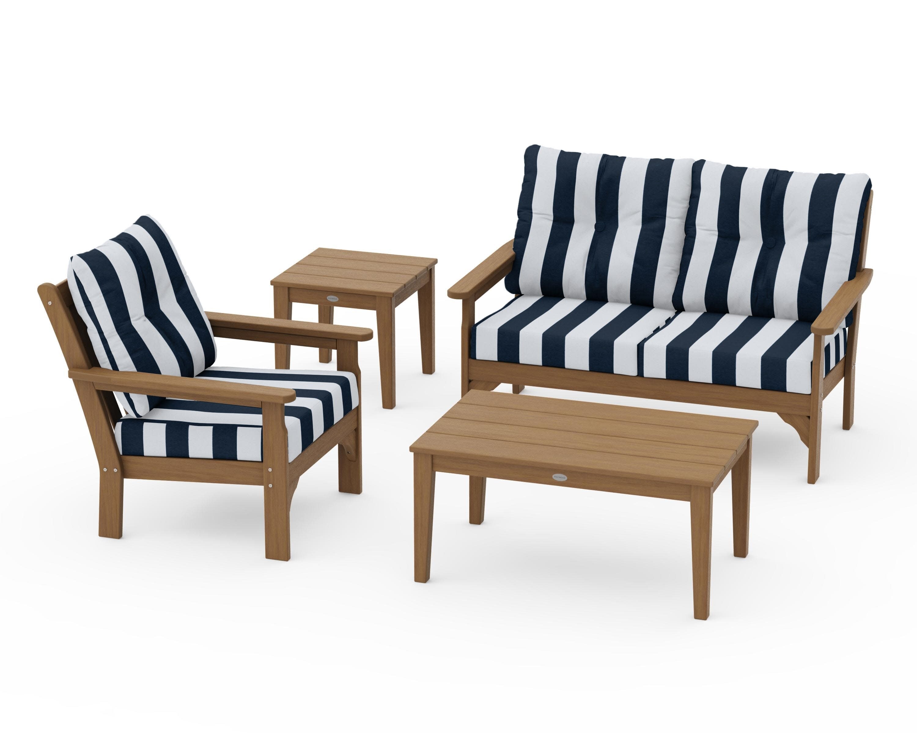 Vineyard 4-Piece Deep Seating Set in Natural / Cabana Stripe Marine Indigo