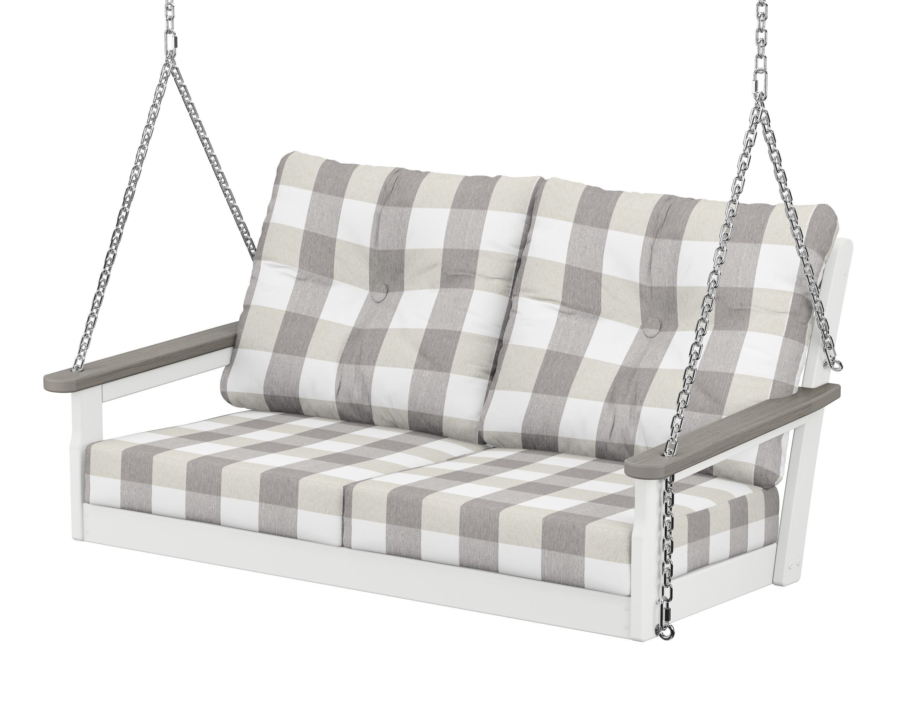 Vineyard Deep Seating Swing in White / Driftwood / Buffalo Plaid Grey Mist