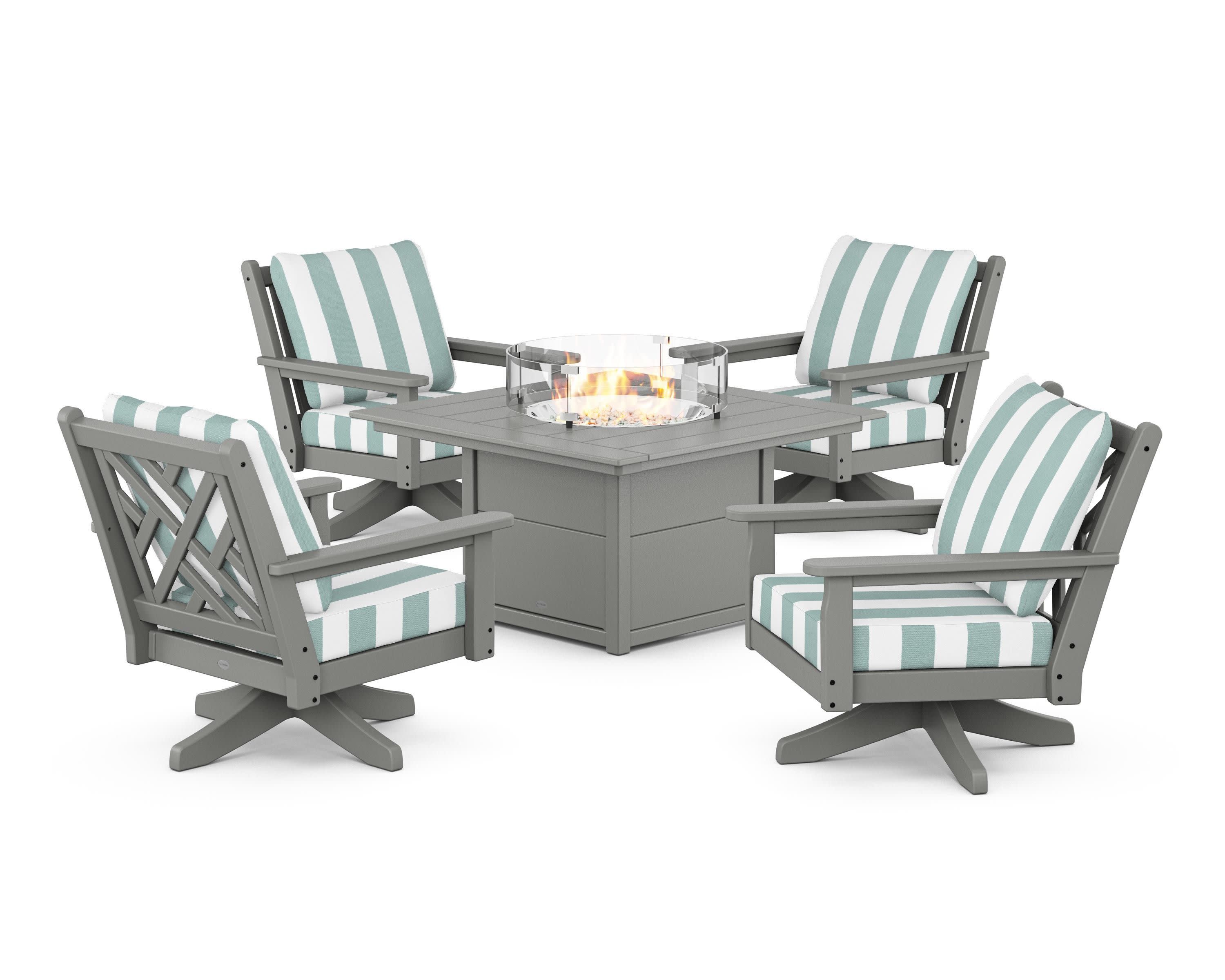 Chippendale 5-Piece Deep Seating Swivel Conversation Set with Fire Pit Table in Slate Grey / Cabana Stripe Glacier Spa