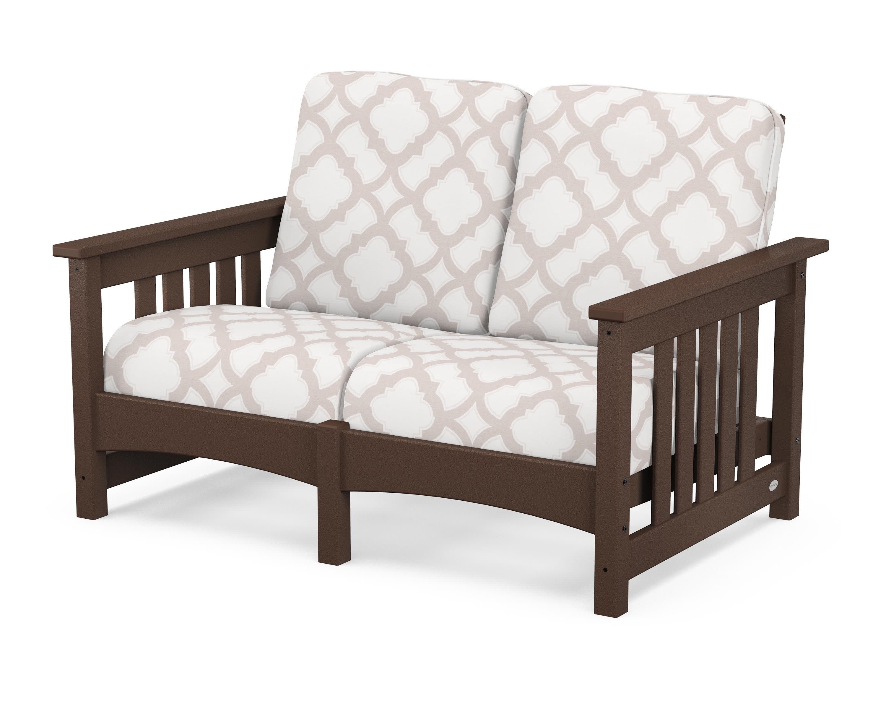 Club Mission Loveseat in Mahogany / Trellis Dune Burlap