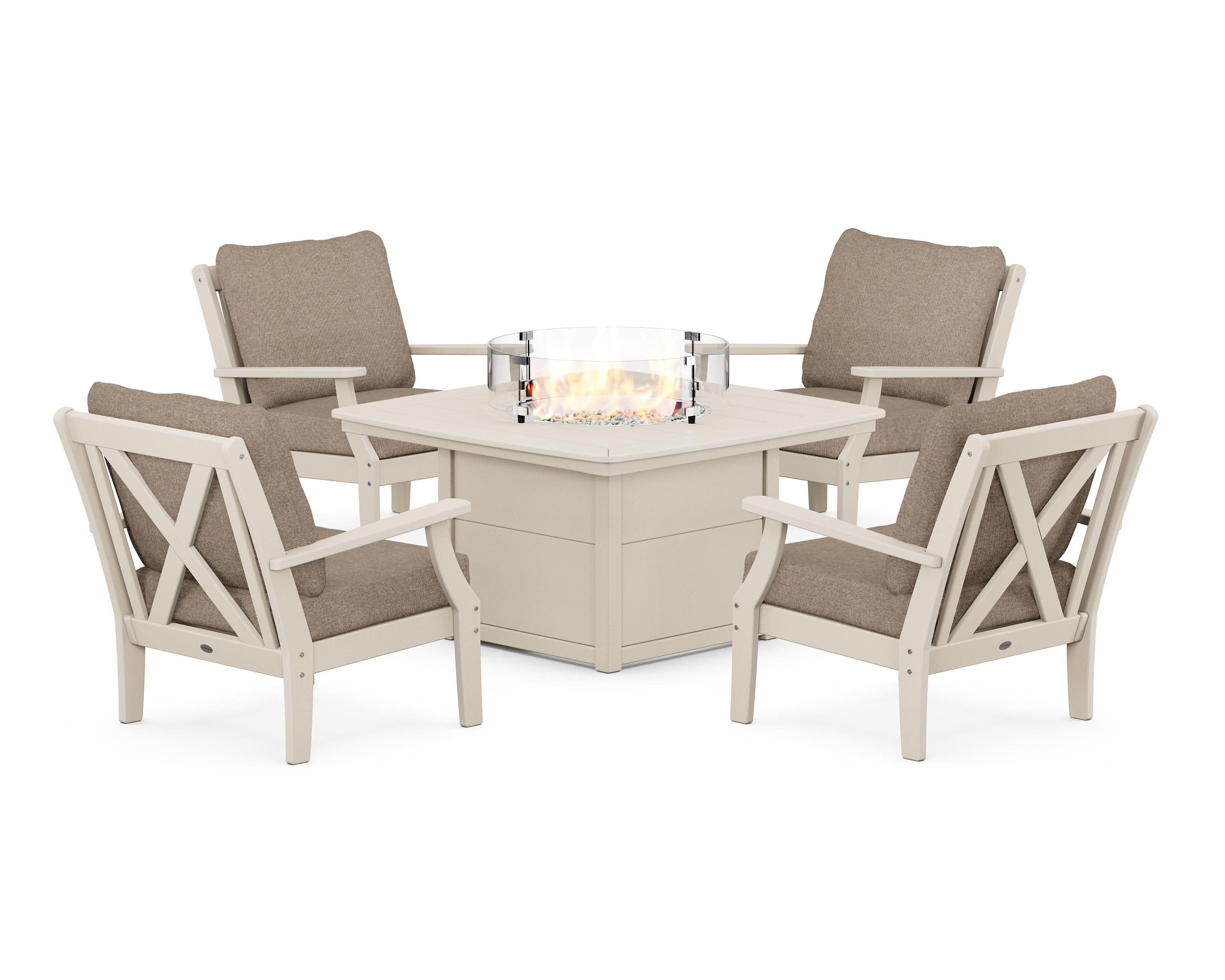 Braxton 5-Piece Deep Seating Conversation Set with Fire Pit Table in Sand / Spiced Burlap