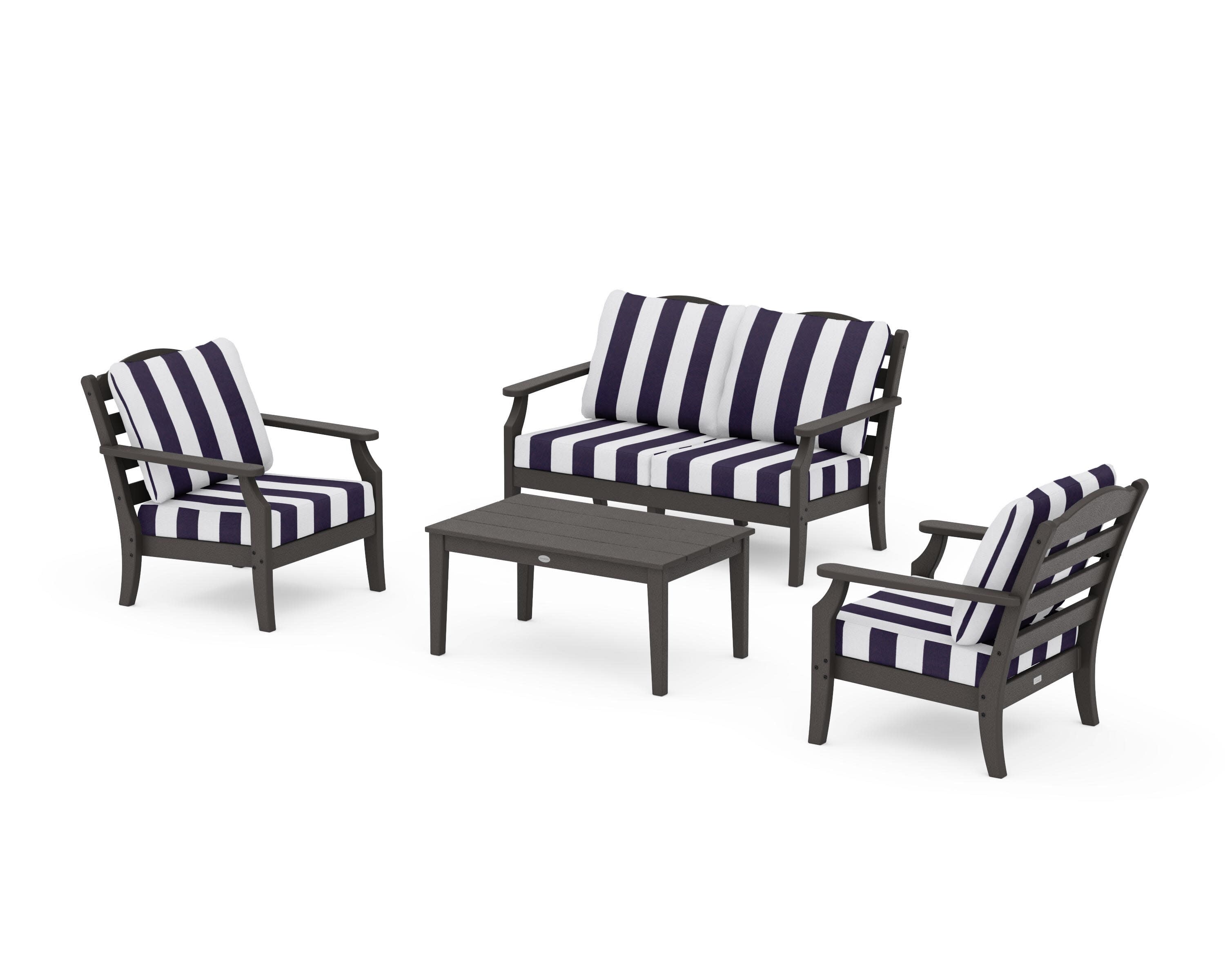 Savannah 4-Piece Deep Seating Set with Loveseat in Vintage Coffee / Cabana Stripe Navy