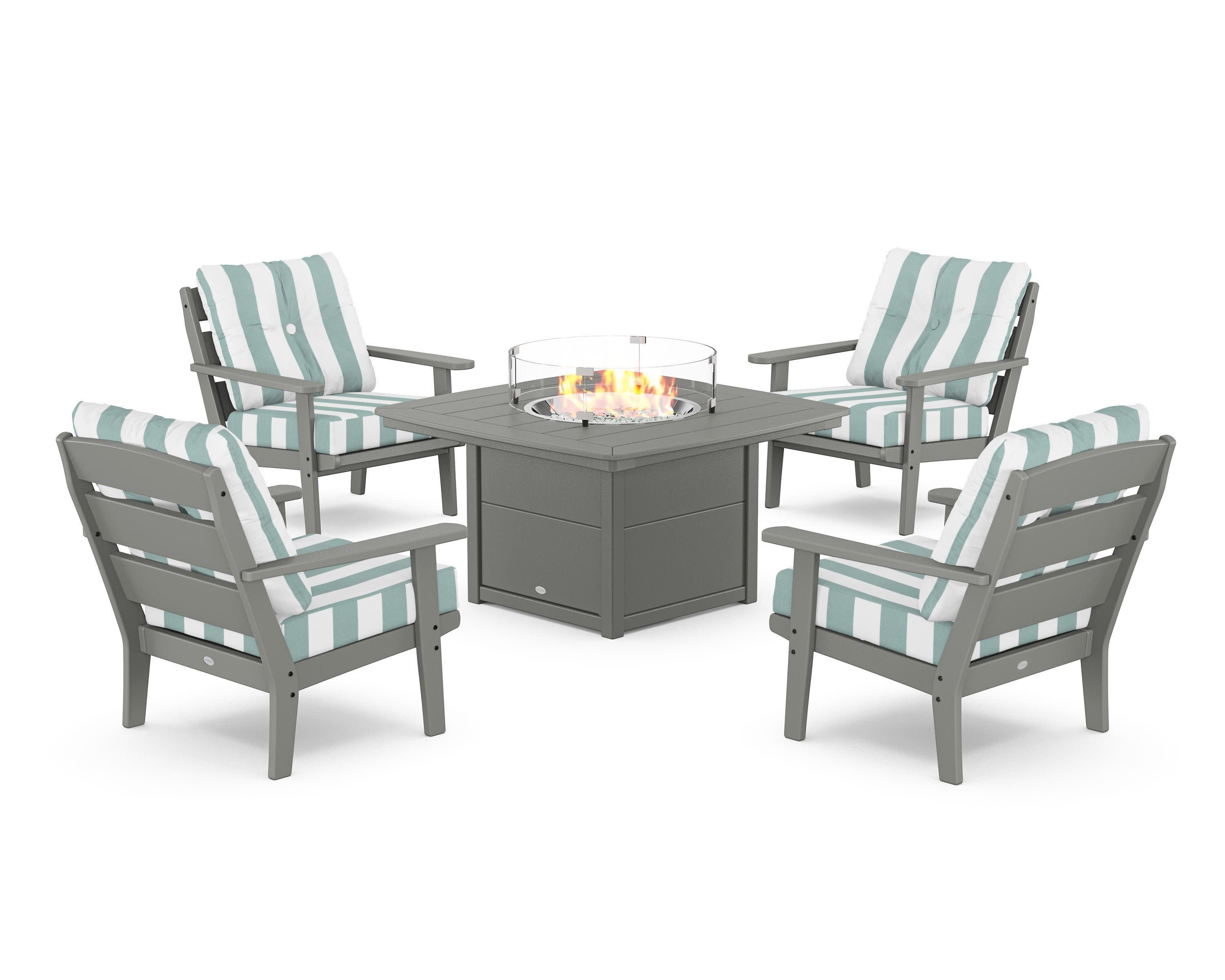 Lakeside 5-Piece Deep Seating Set with Nautical Fire Pit Table in Slate Grey / Cabana Stripe Glacier Spa