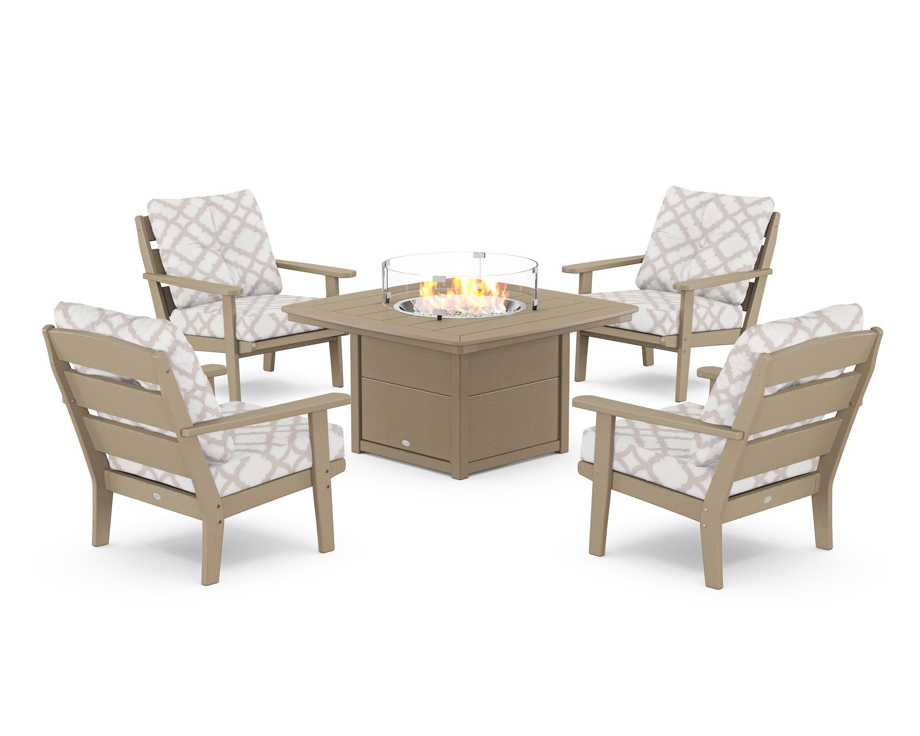 Lakeside 5-Piece Deep Seating Set with Nautical Fire Pit Table in Vintage Sahara / Trellis Dune Burlap