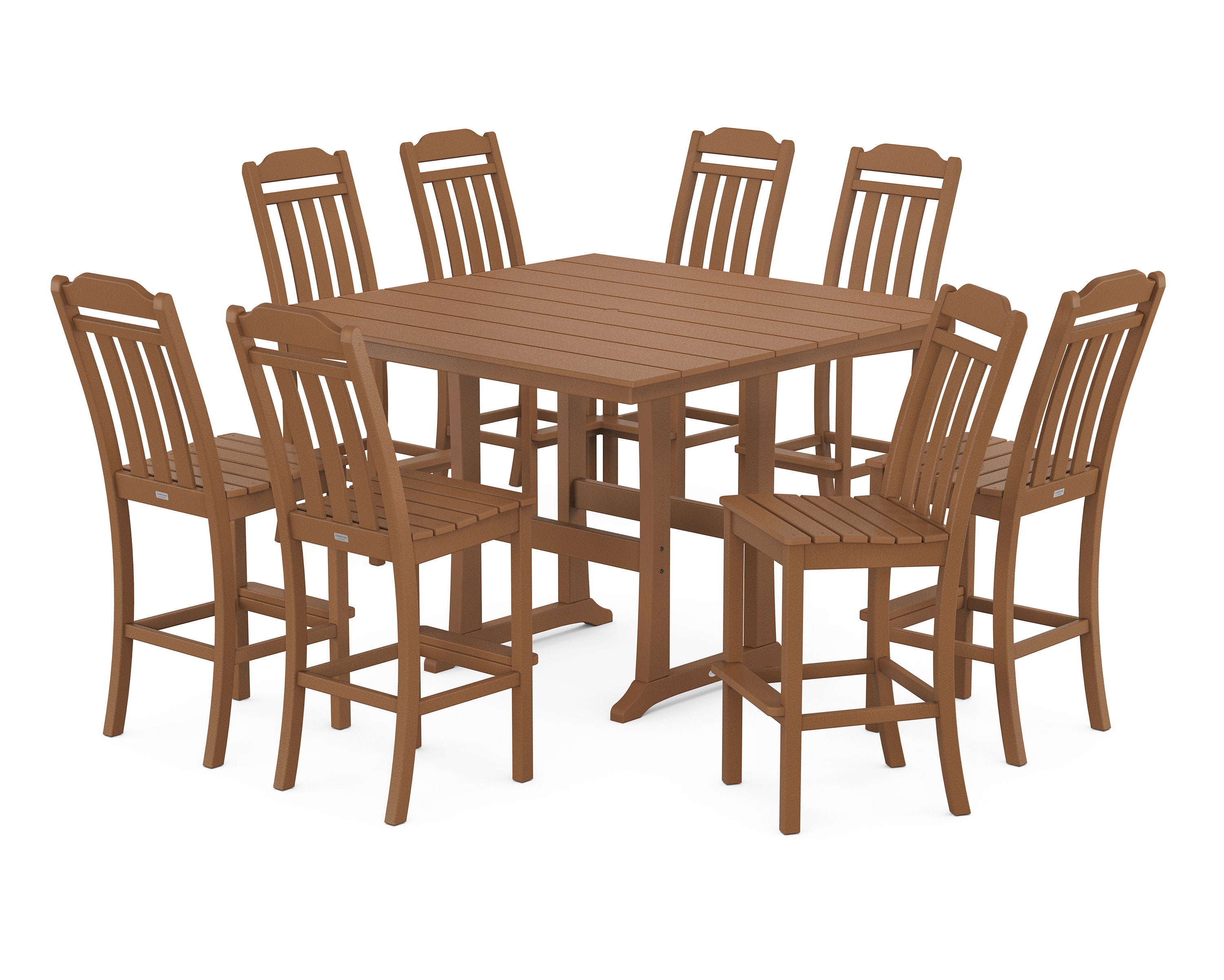Cottage 9-Piece Square Farmhouse Side Chair Bar Set with Trestle Legs in Teak