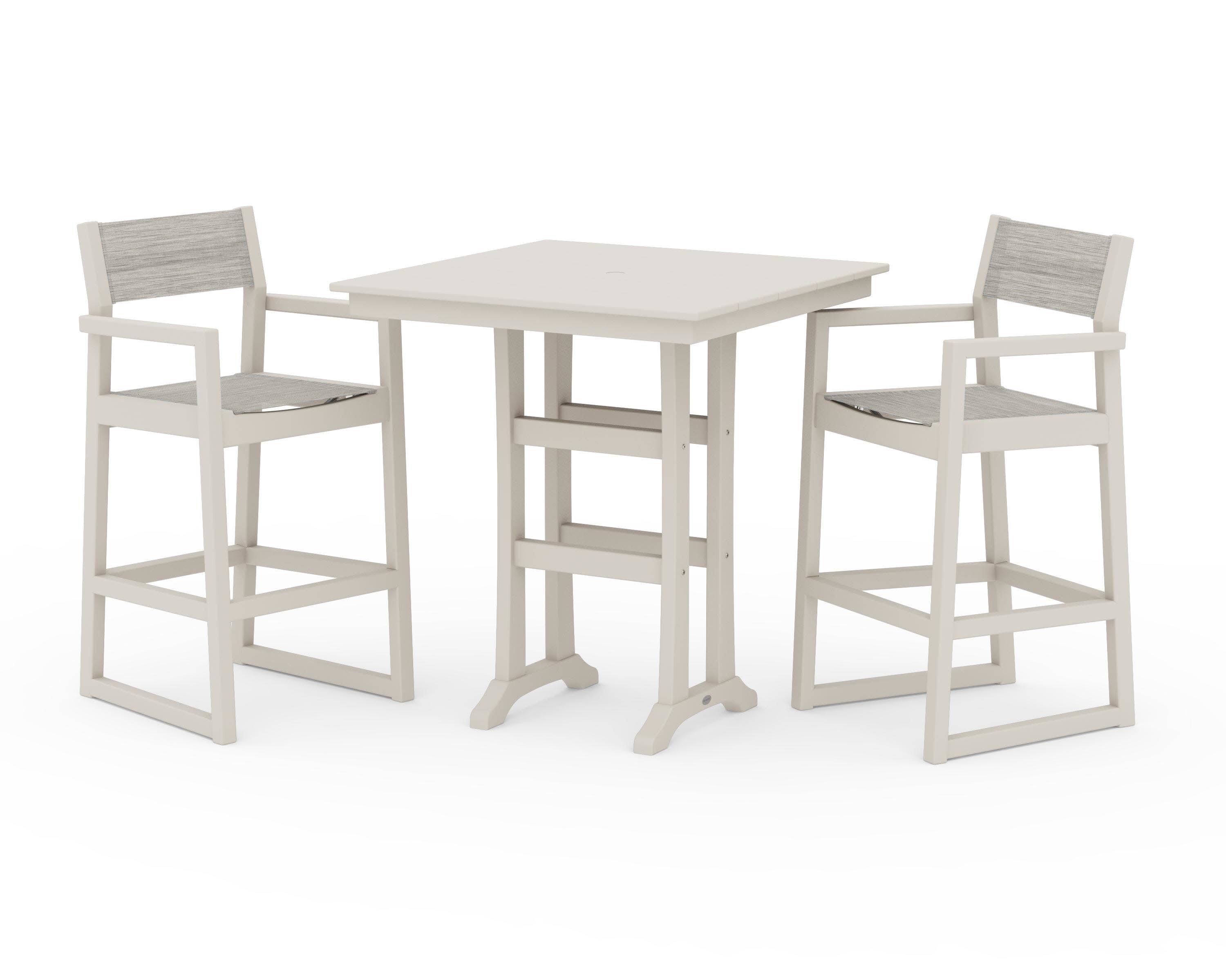 EDGE Sling Arm Chair 3-Piece Farmhouse Bar Set with Trestle Legs in Sand / Birch Sling