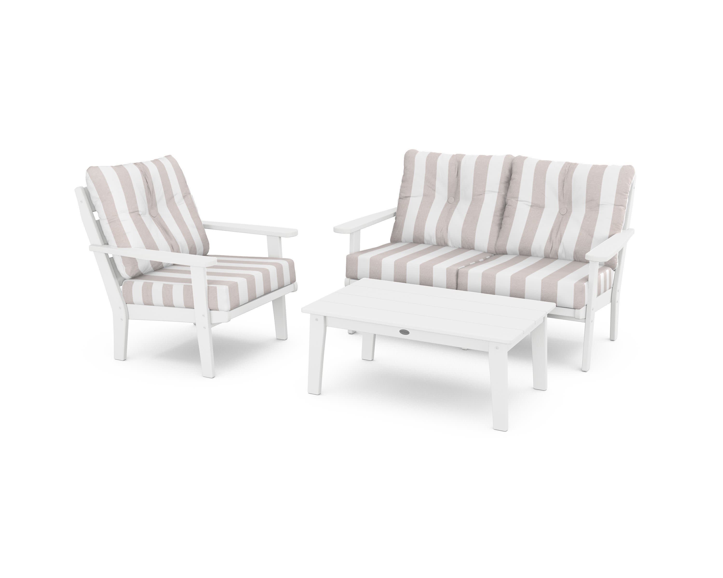 Lakeside 3-Piece Deep Seating Set in White / Cabana Stripe Dune Burlap