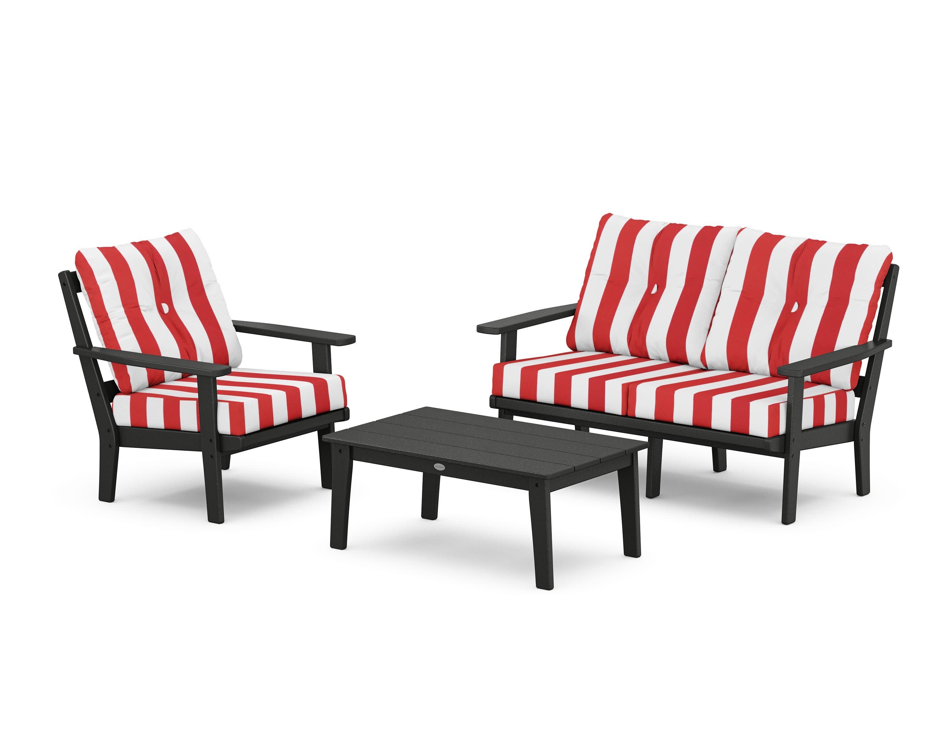 Oxford 3-Piece Deep Seating Set with Loveseat in Black / Cabana Stripe Crimson