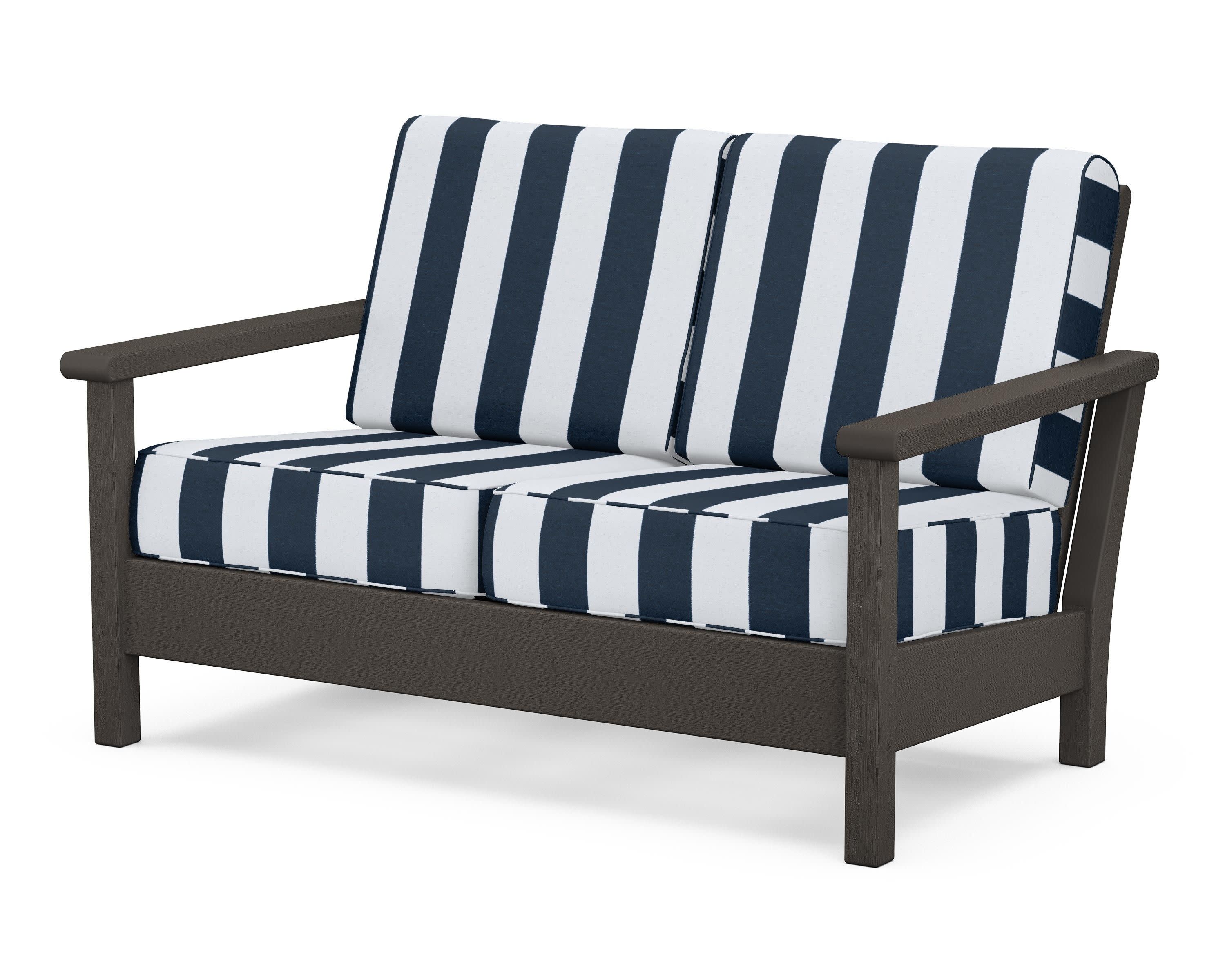 Harbour Deep Seating Loveseat in Vintage Coffee / Cabana Stripe Marine Indigo