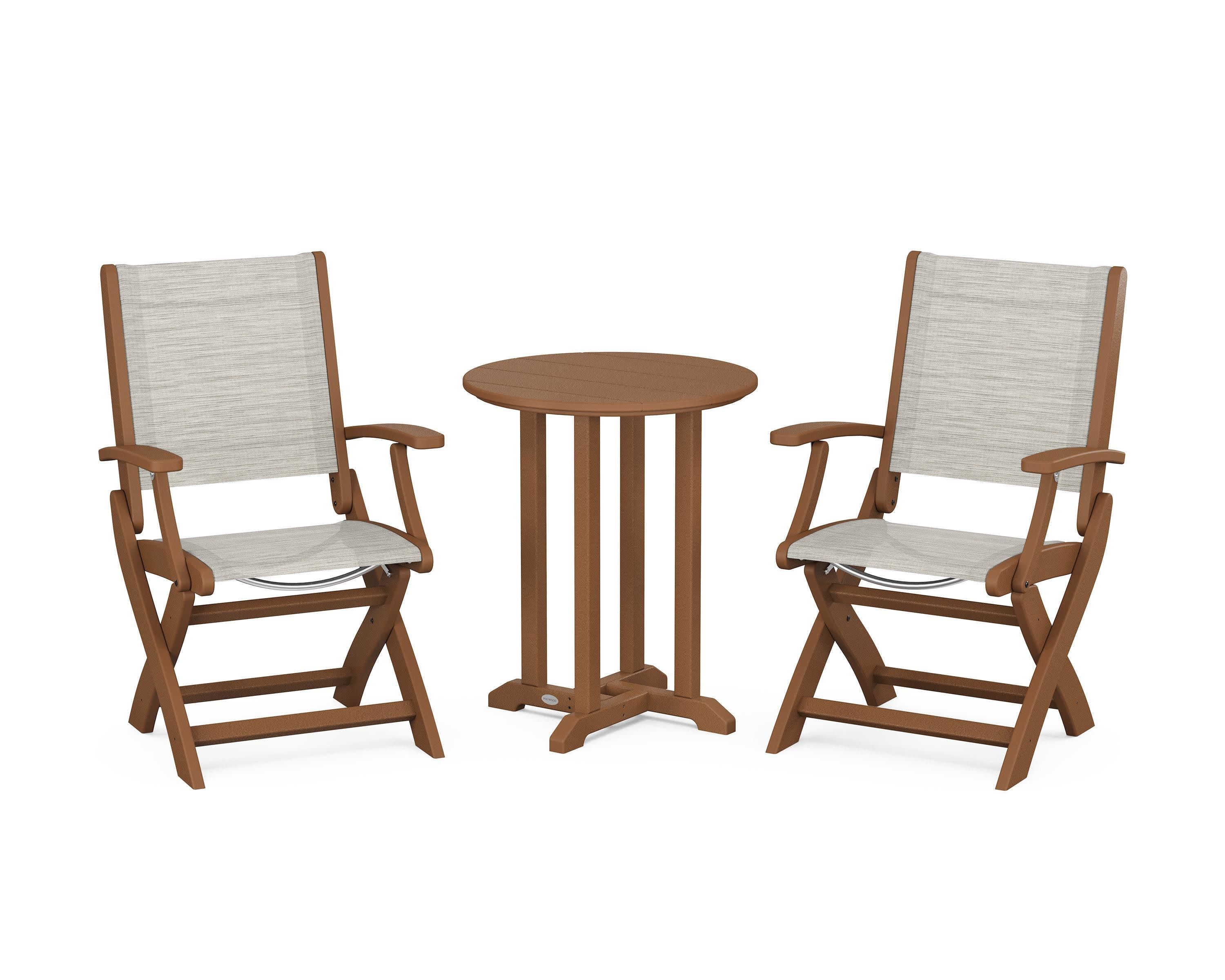 Coastal Folding 3-Piece Round Bistro Dining Set in Teak / Birch Sling