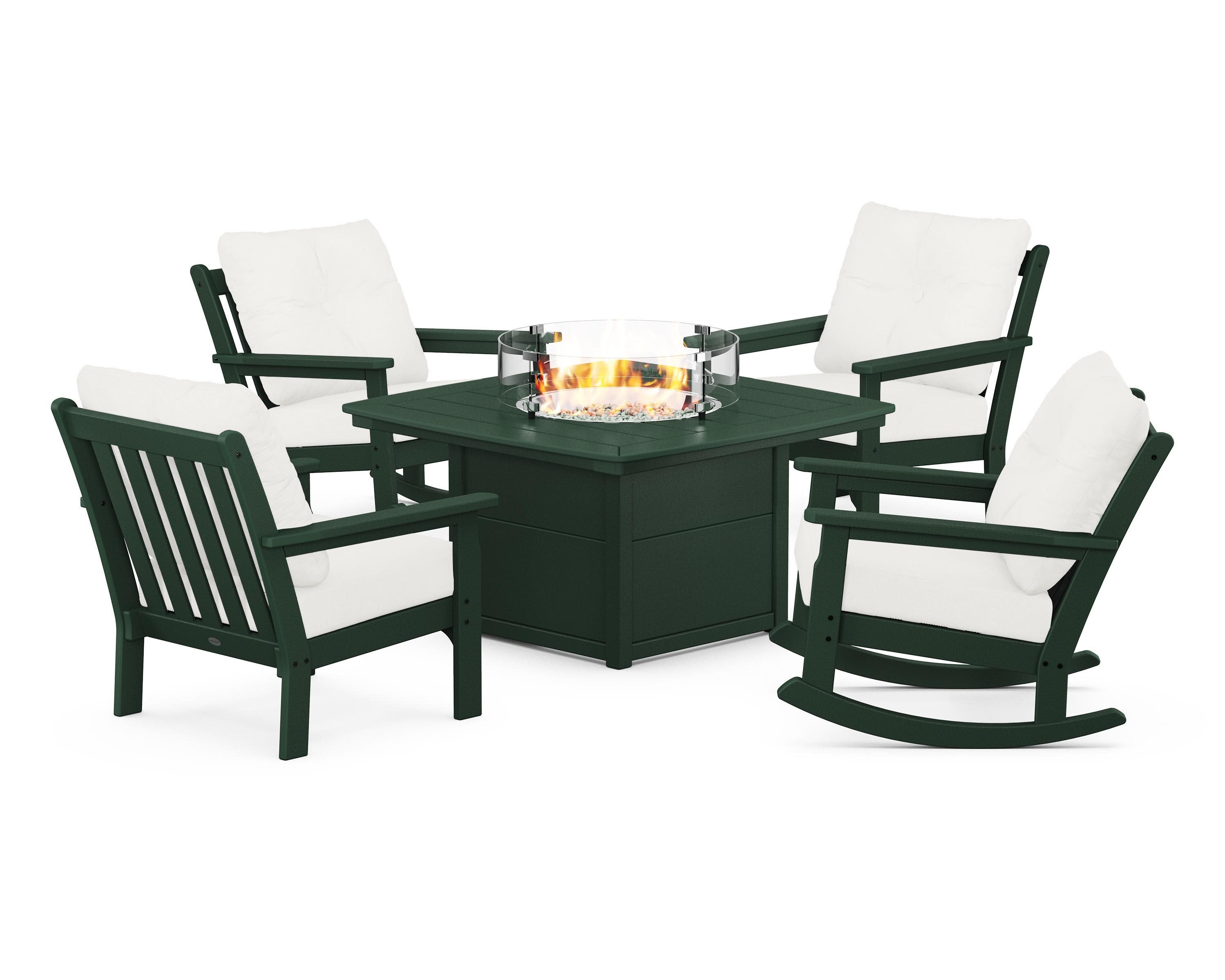 Vineyard 5-Piece Deep Seating Rocking Chair Conversation Set with Fire Pit Table in Green / Natural Linen