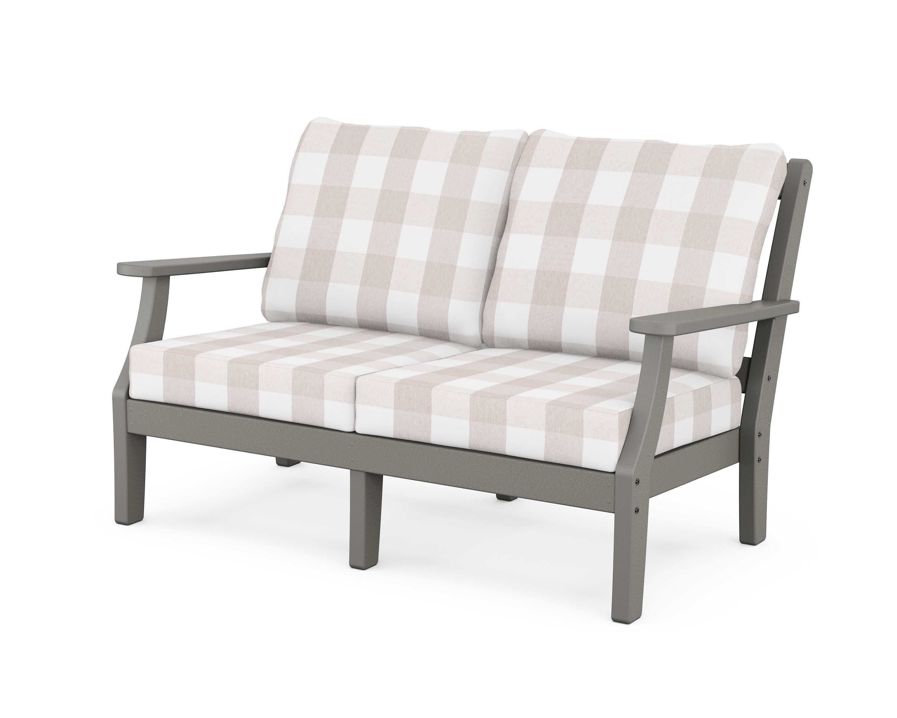 Chinoiserie Deep Seating Loveseat in Slate Grey / Buffalo Plaid Dune Burlap