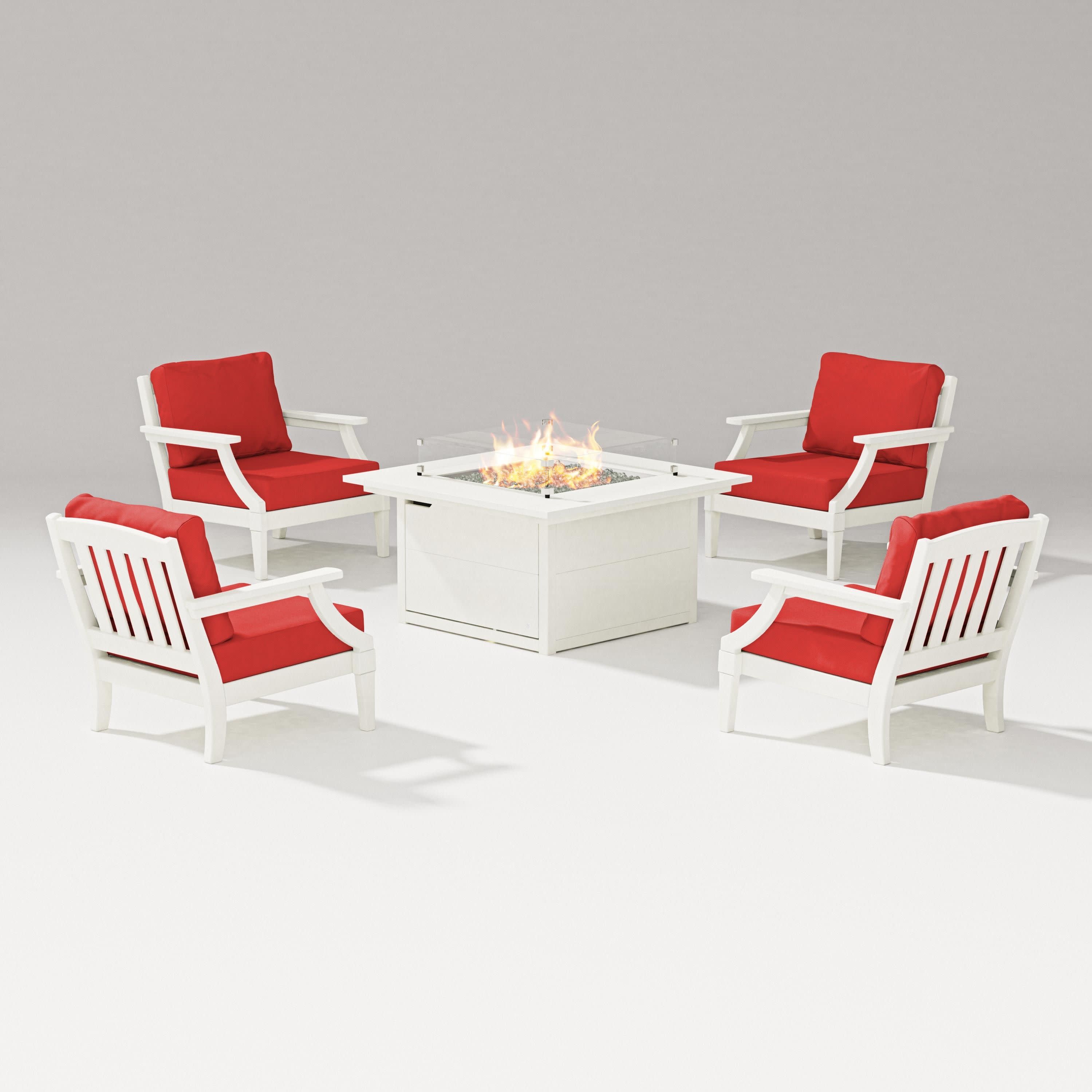 Estate 5-Piece Lounge Fire Table Set in Vintage White / Crimson Linen