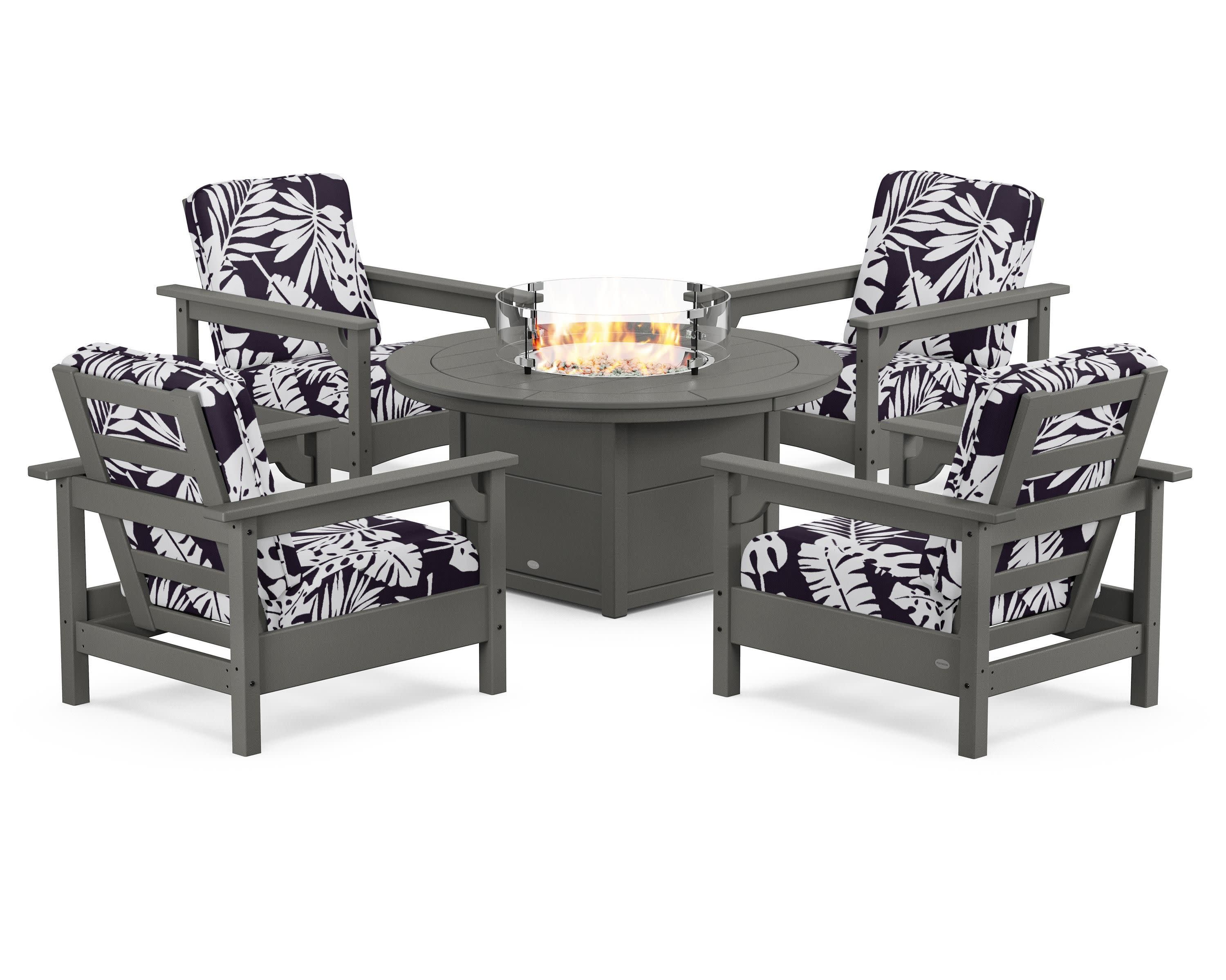 Club 5-Piece Conversation Set with Fire Pit Table in Slate Grey / Leaf Navy