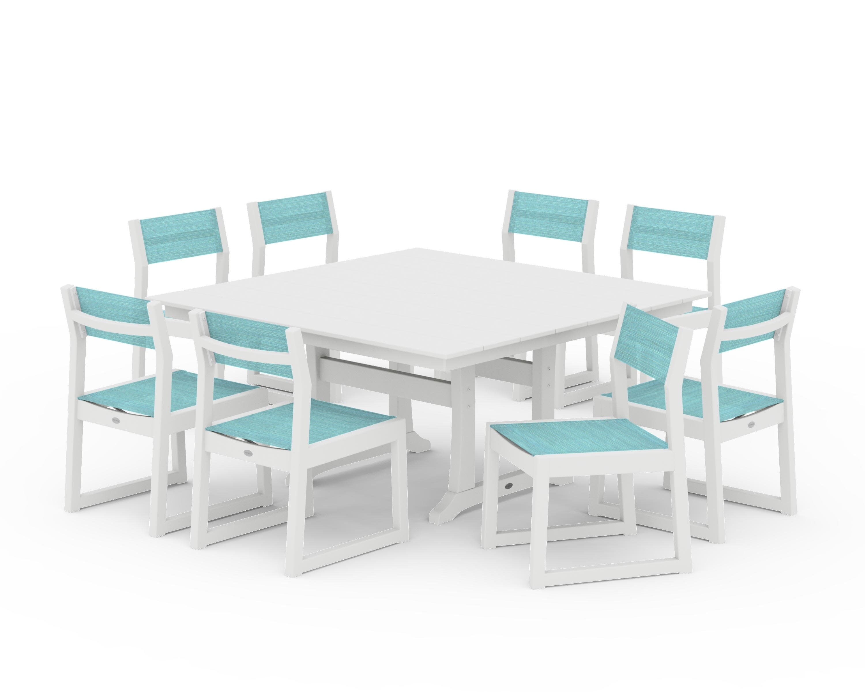 EDGE Sling Side Chair 9-Piece Farmhouse Trestle Dining Set in White / Dupioni Aquamarine Sling