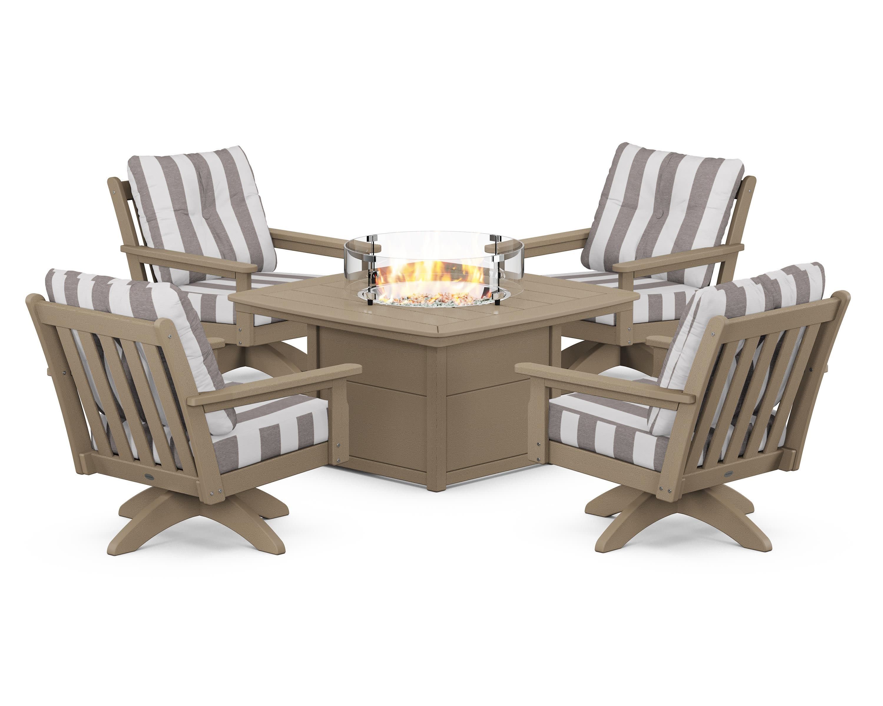 Vineyard 5-Piece Deep Seating Swivel Conversation Set with Fire Pit Table in Vintage Sahara / Cabana Stripe Grey Mist