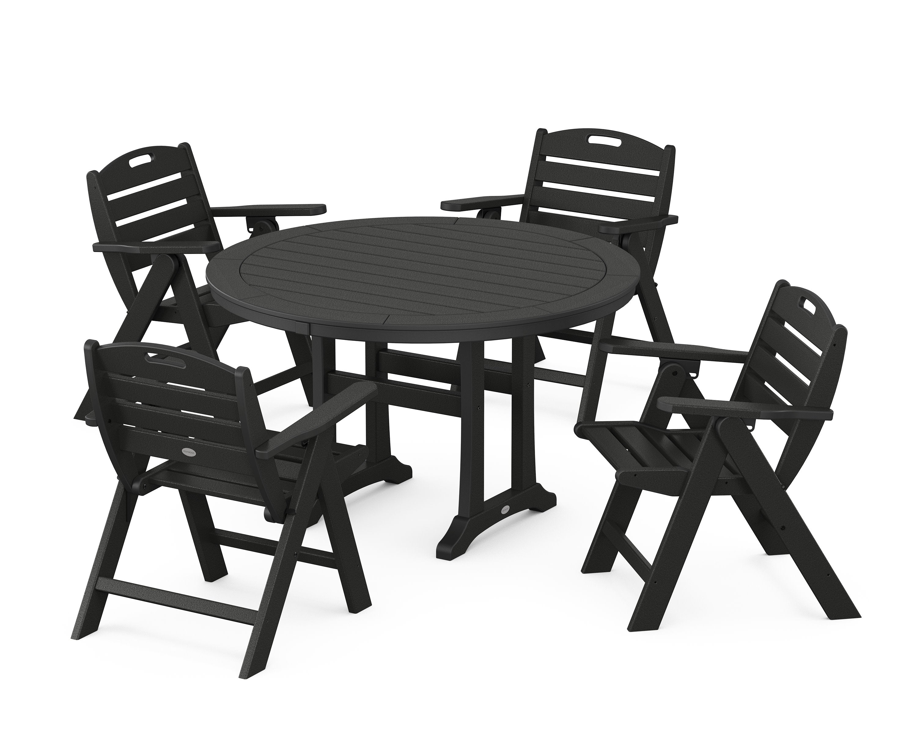 Nautical Folding Lowback Chair 5-Piece Round Dining Set With Trestle Legs in Black
