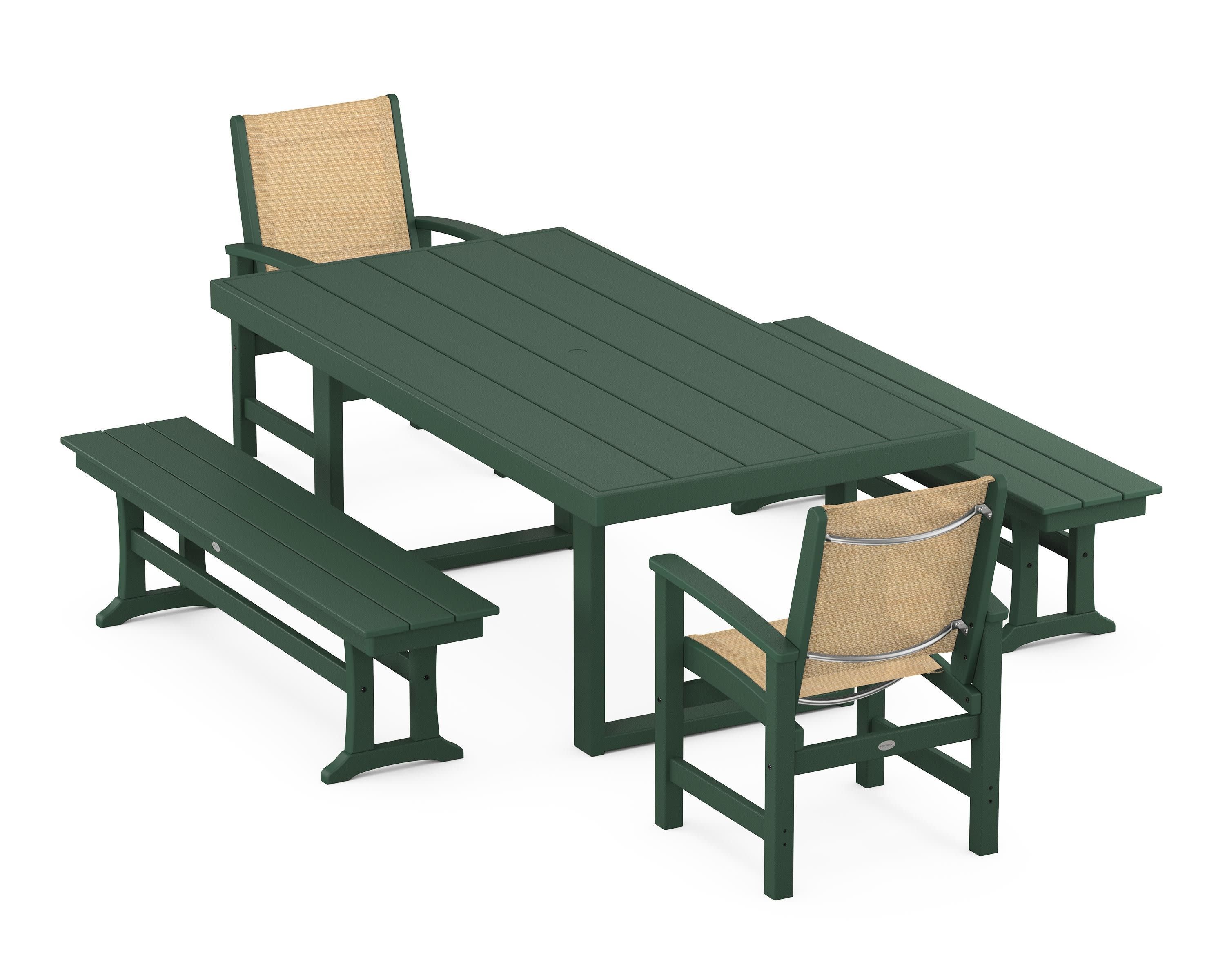Coastal 5-Piece Dining Set with Trestle Legs in Green / Dupioni Apricot Sling