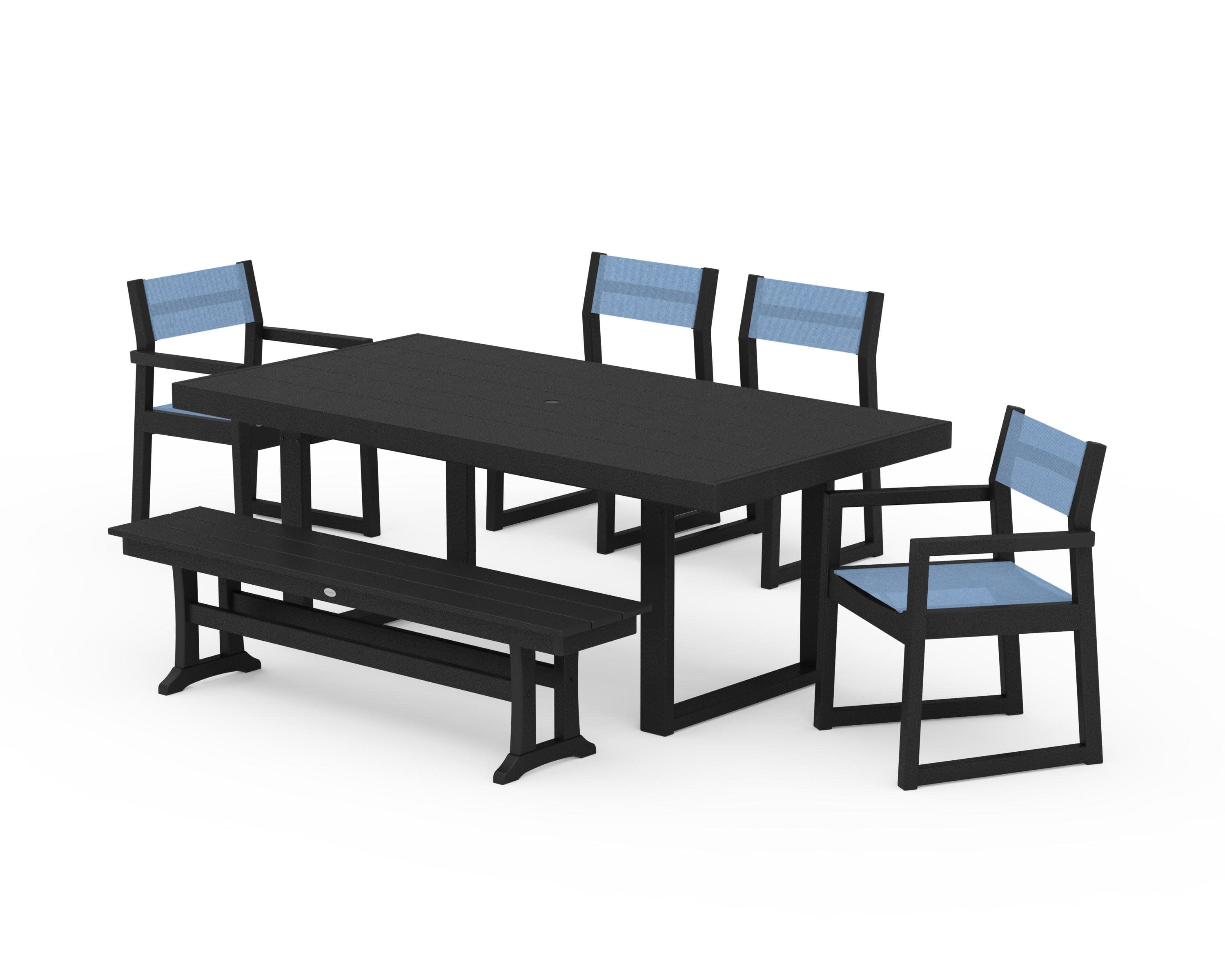 EDGE Sling 6-Piece Dining Set with Bench in Black / Poolside Sling
