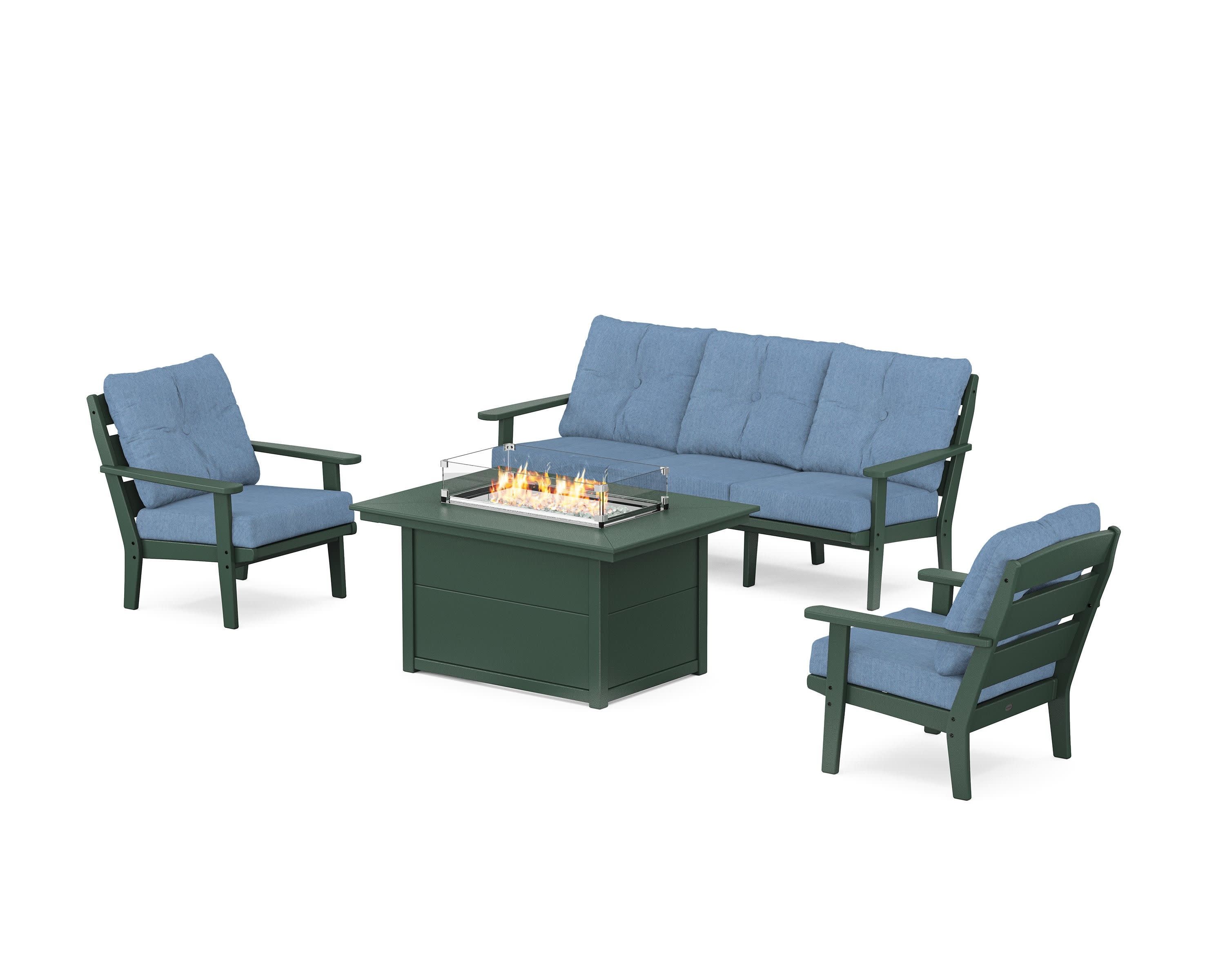 Lakeside Deep Seating Fire Pit Table Set in Green / Sky Blue