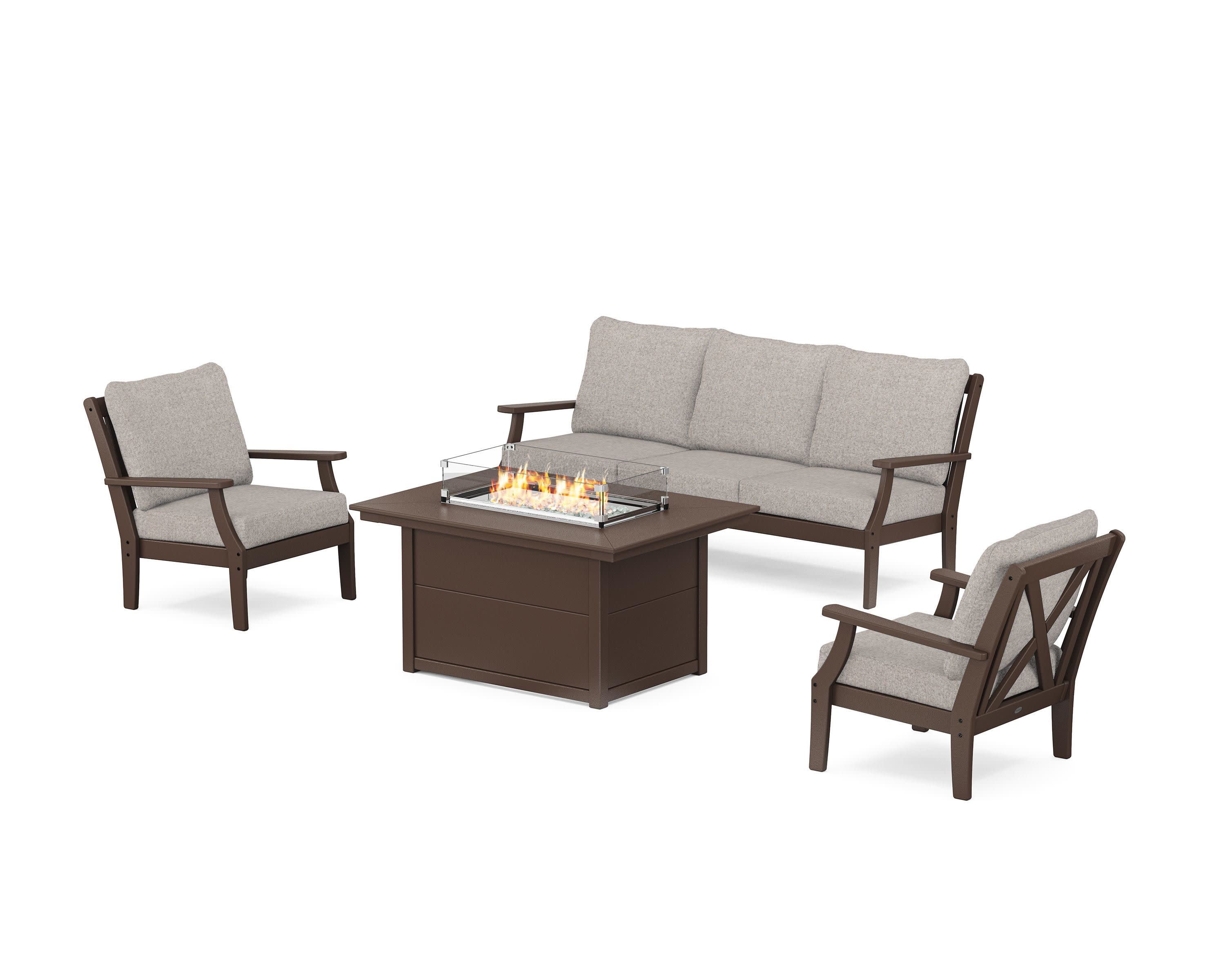 Braxton Deep Seating Fire Pit Table Set in Mahogany / Weathered Tweed