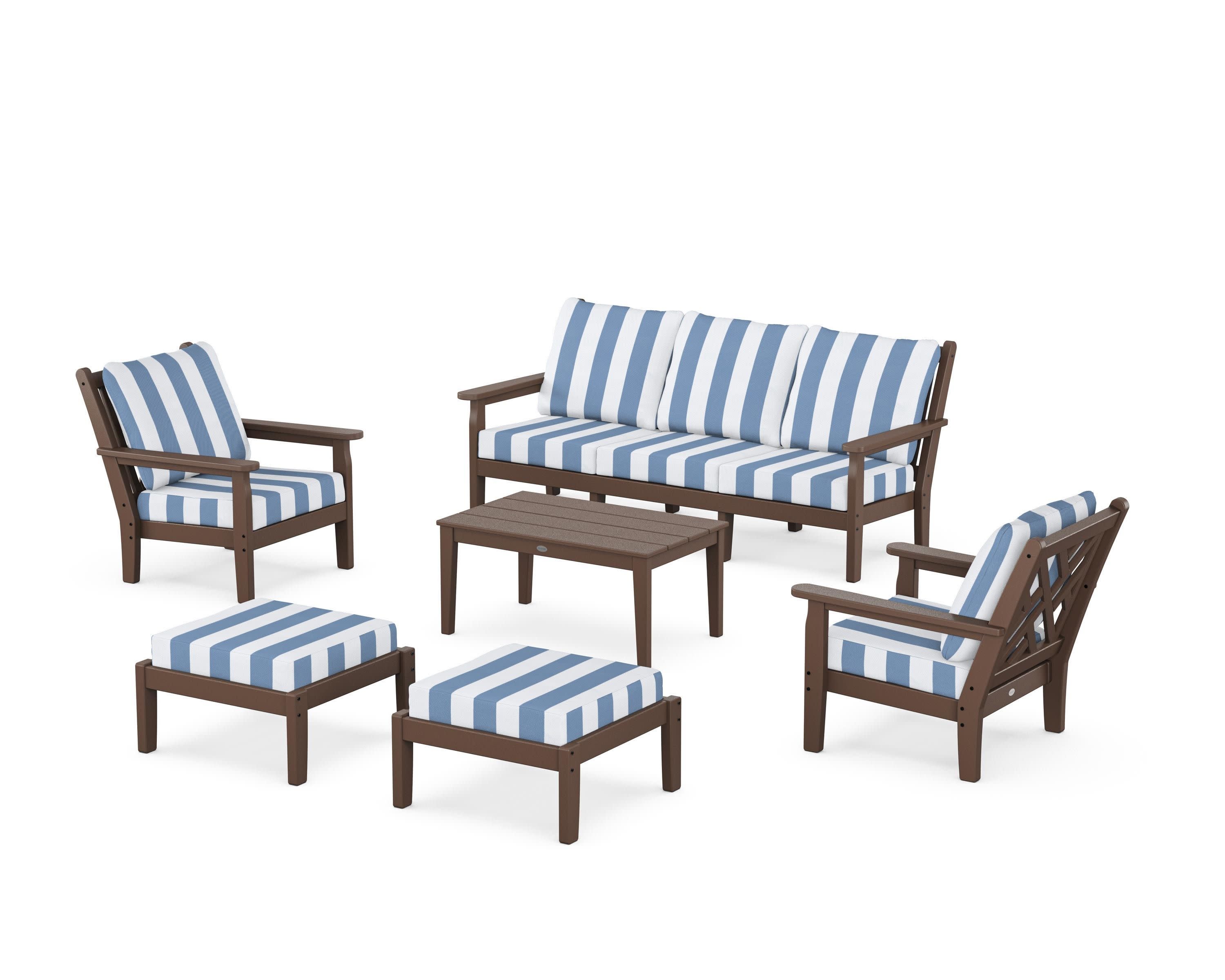 Chippendale 6-Piece Lounge Sofa Set in Mahogany / Cabana Stripe Sky Blue