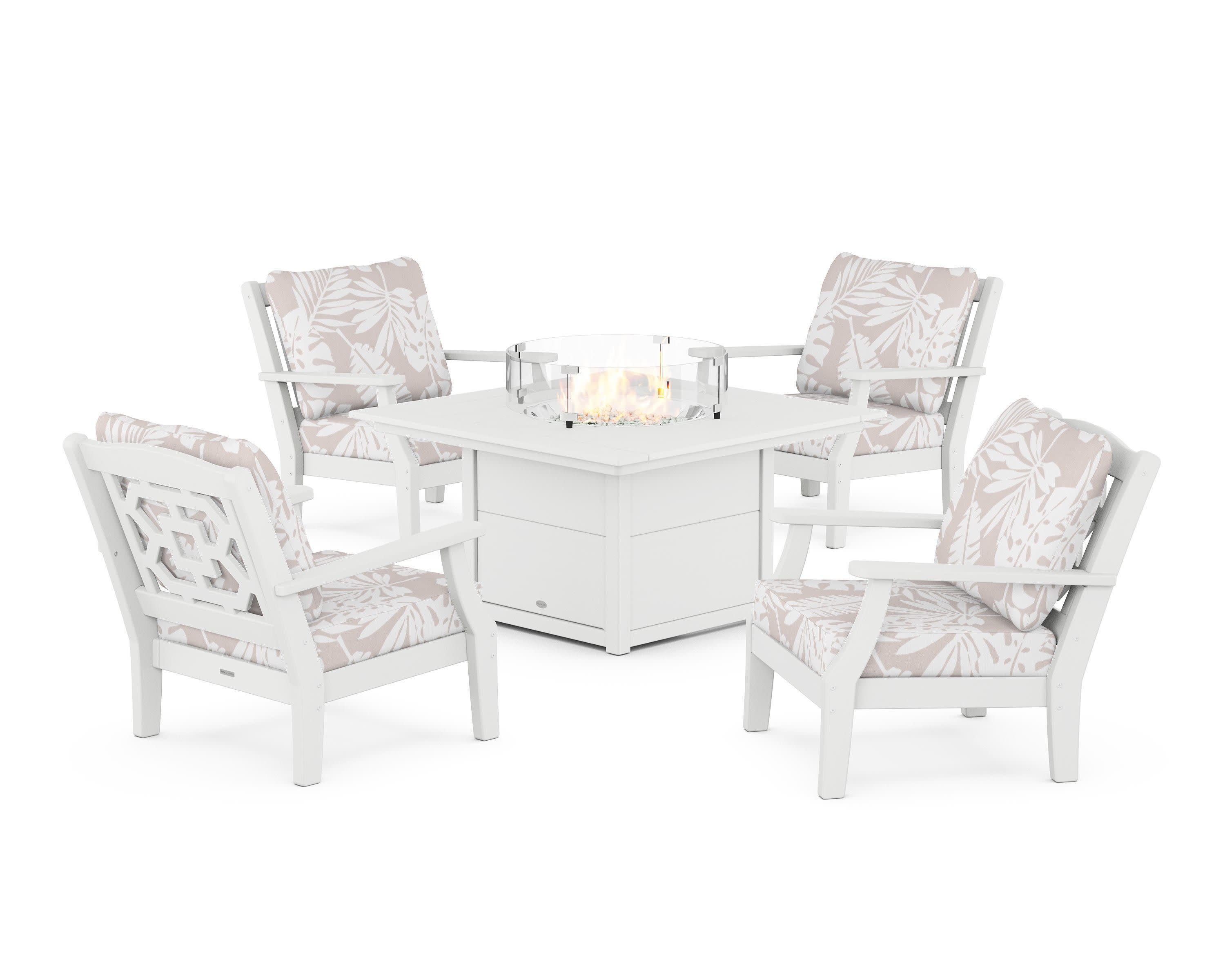 Chinoiserie 5-Piece Deep Seating Set with Fire Pit Table in White / Leaf Dune Burlap