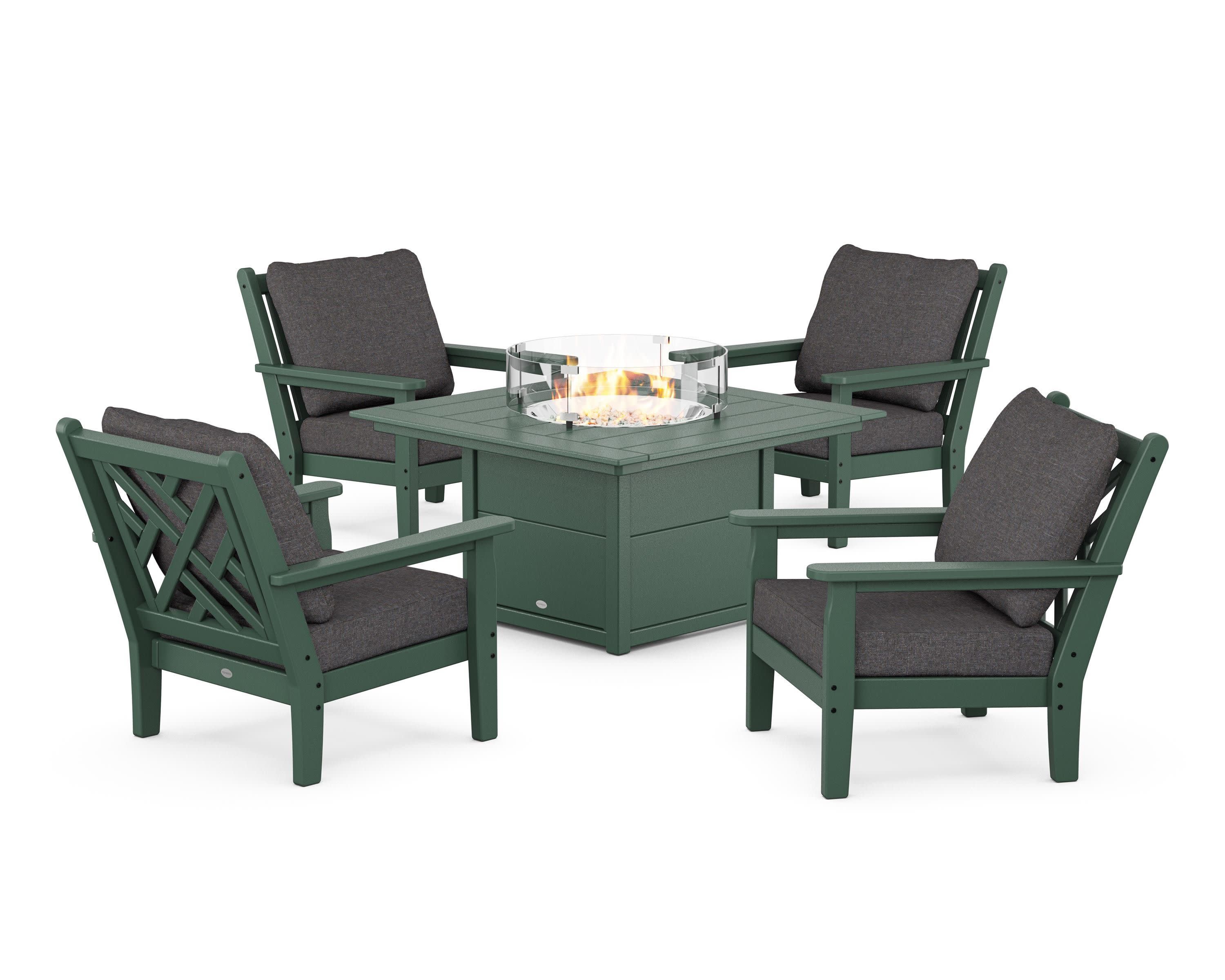 Chippendale 5-Piece Deep Seating Set with Fire Pit Table in Green / Ash Charcoal