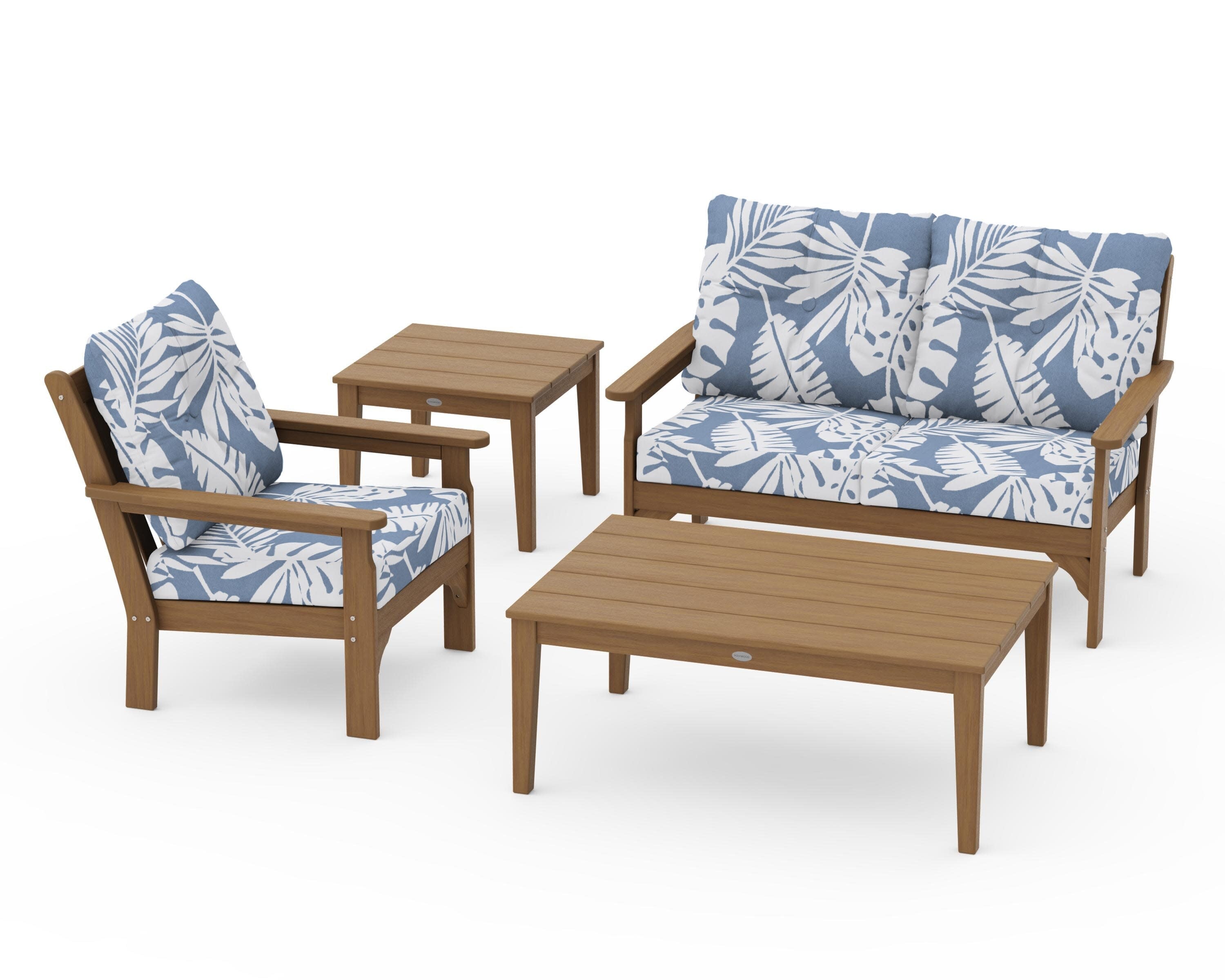 Vineyard 4-Piece Deep Seating Set in Natural / Leaf Sky Blue