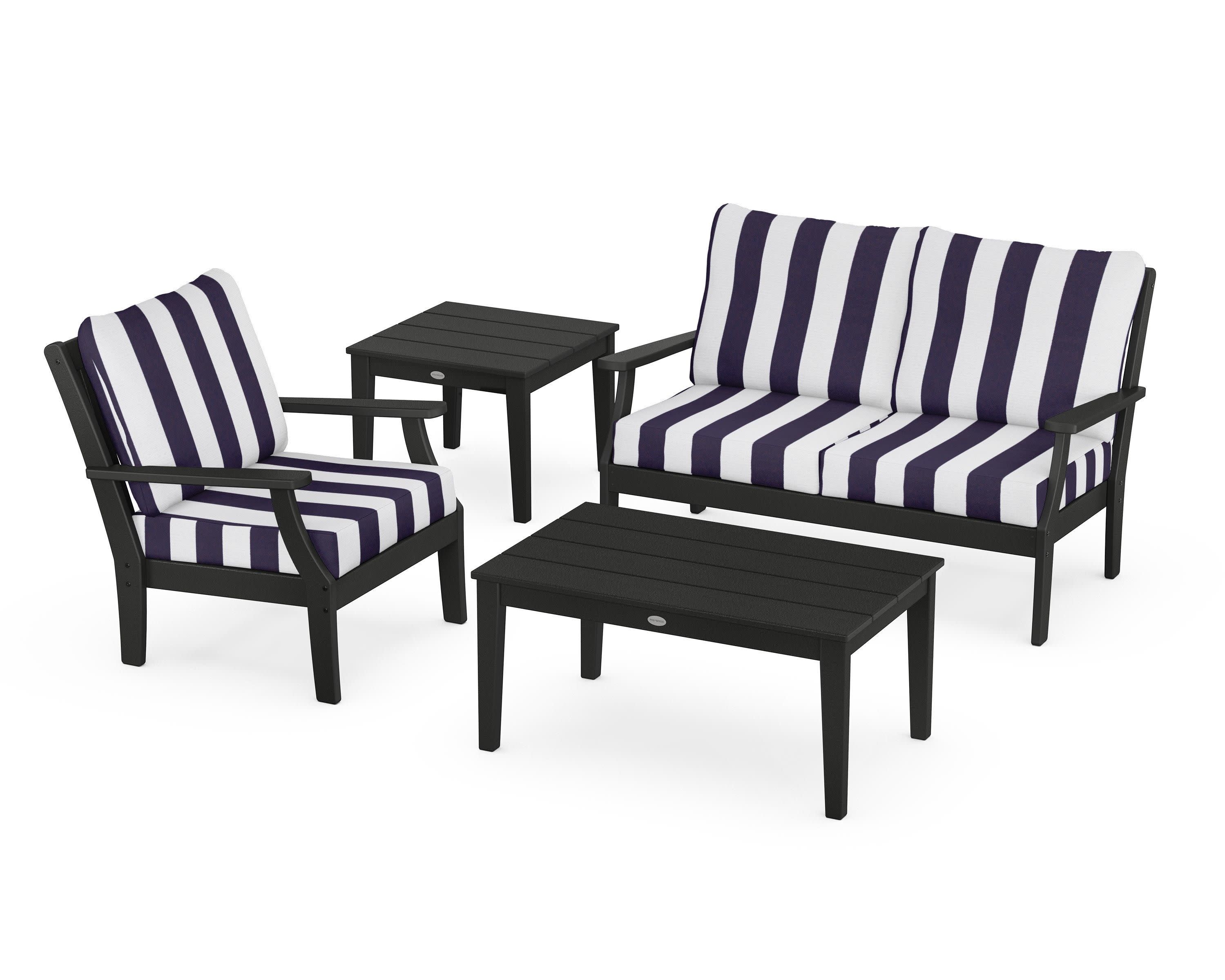 Braxton 4-Piece Deep Seating Set in Black / Cabana Stripe Navy