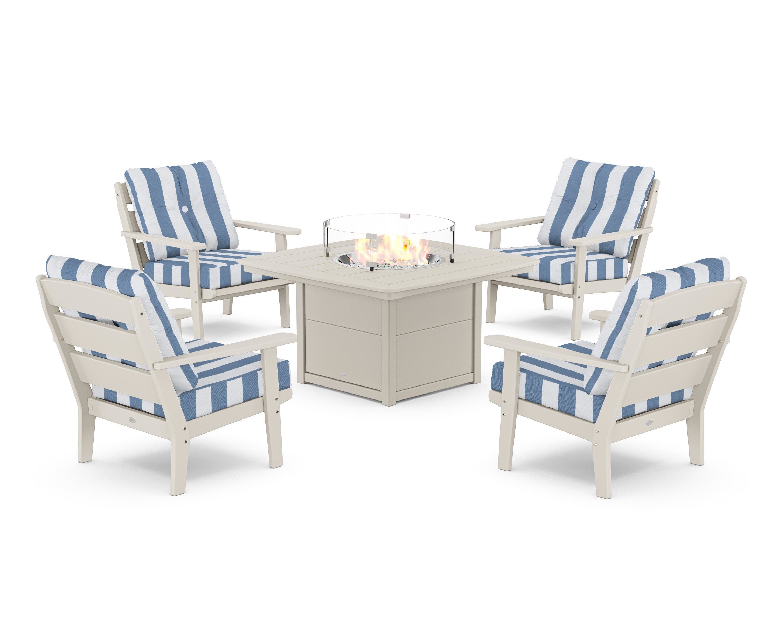 Lakeside 5-Piece Deep Seating Set with Nautical Fire Pit Table in Sand / Cabana Stripe Sky Blue